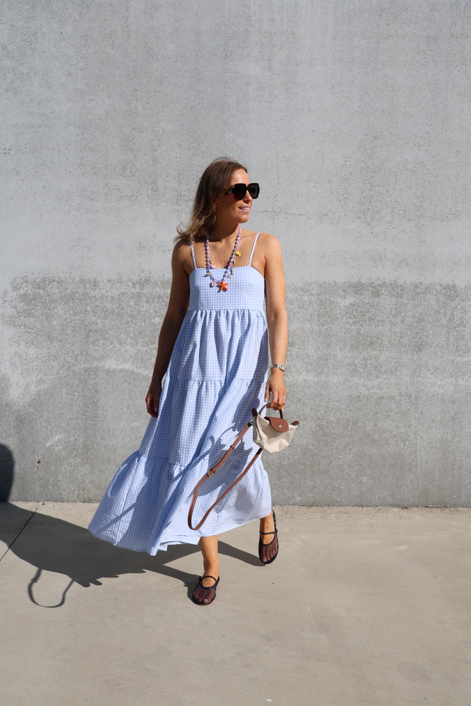Anita geruite jurk blauw