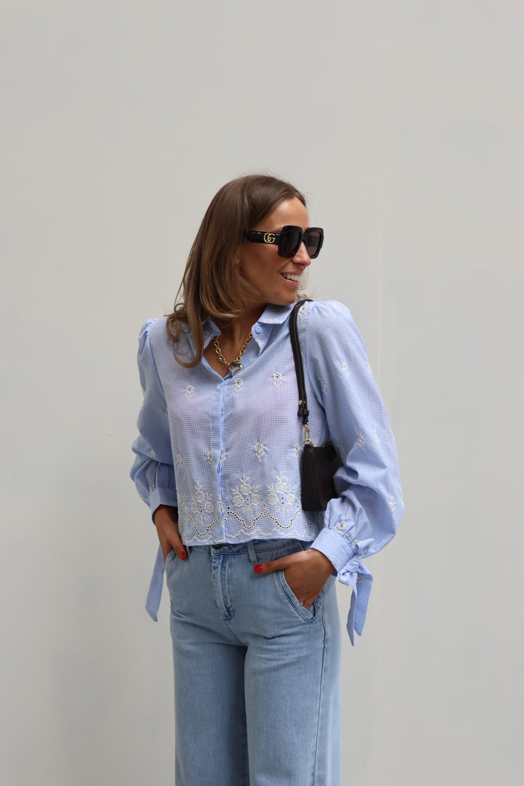 Solène broderie blouse blauw