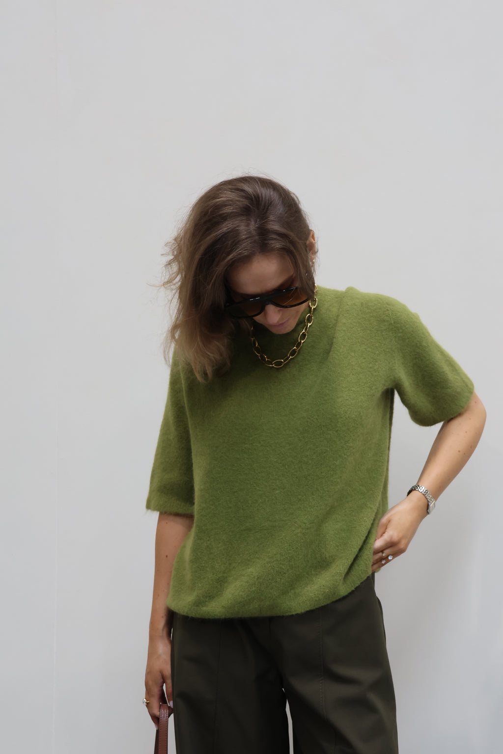 Florien knit met korte mouwen olijfgroen