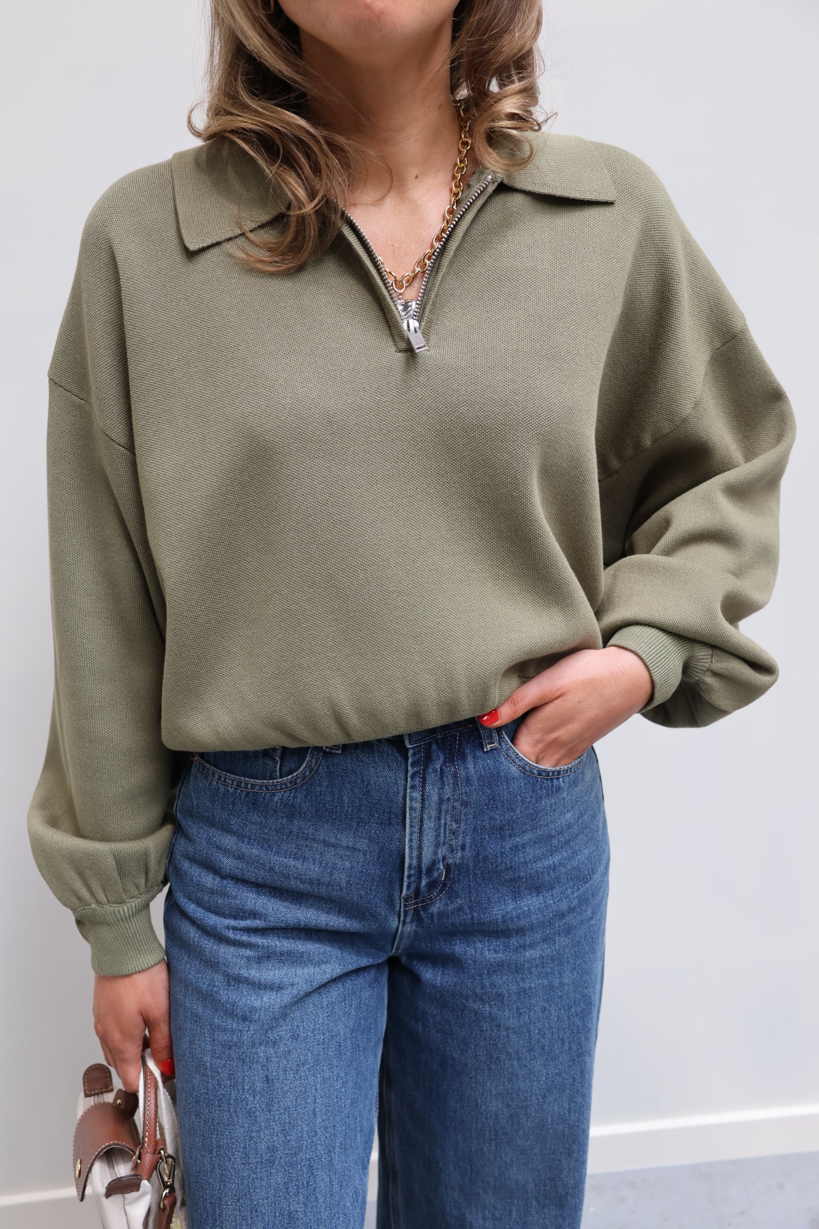Ines cropped zipper sweater olive