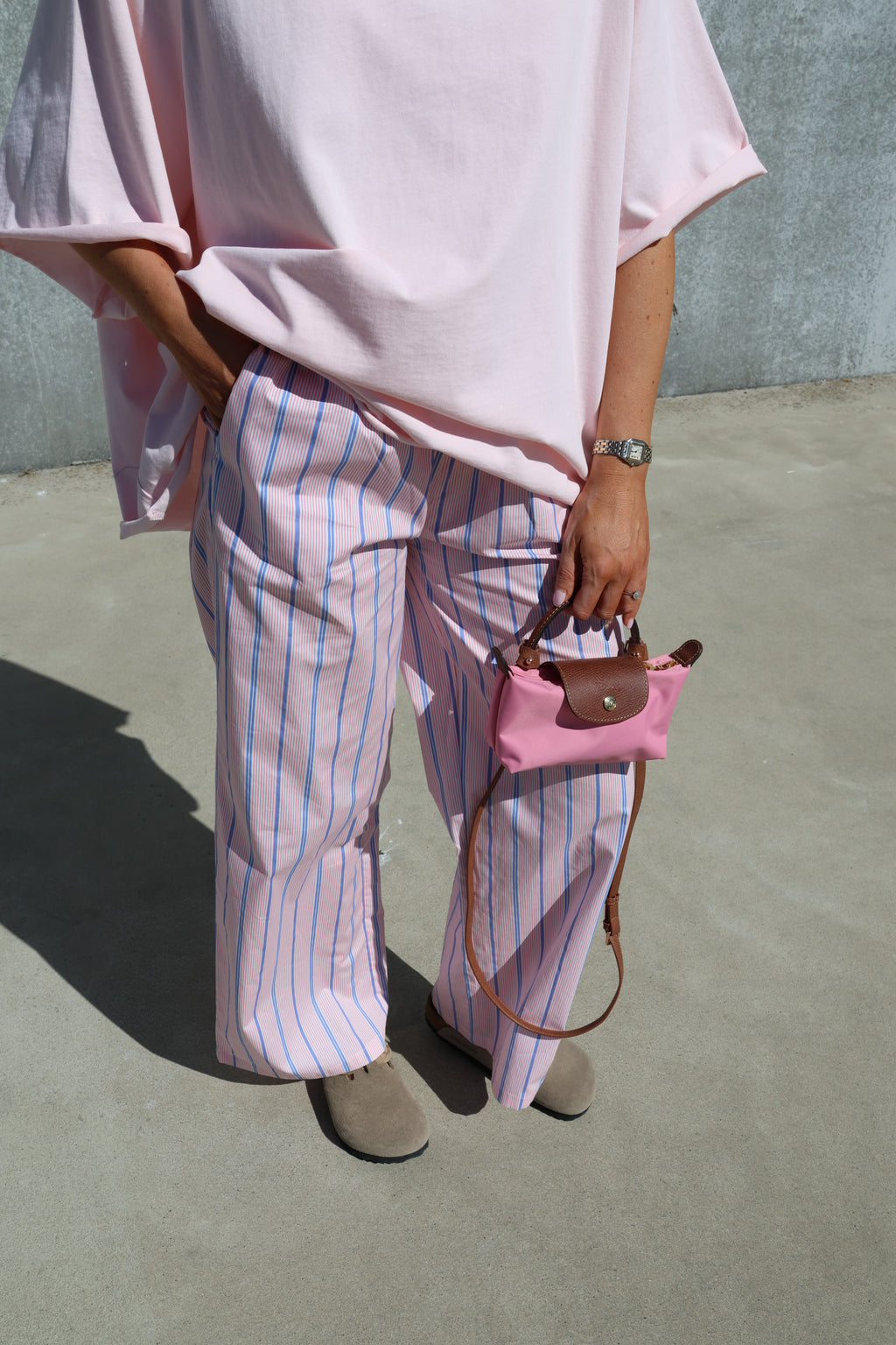 Winnie gestreepte broek met detail roze