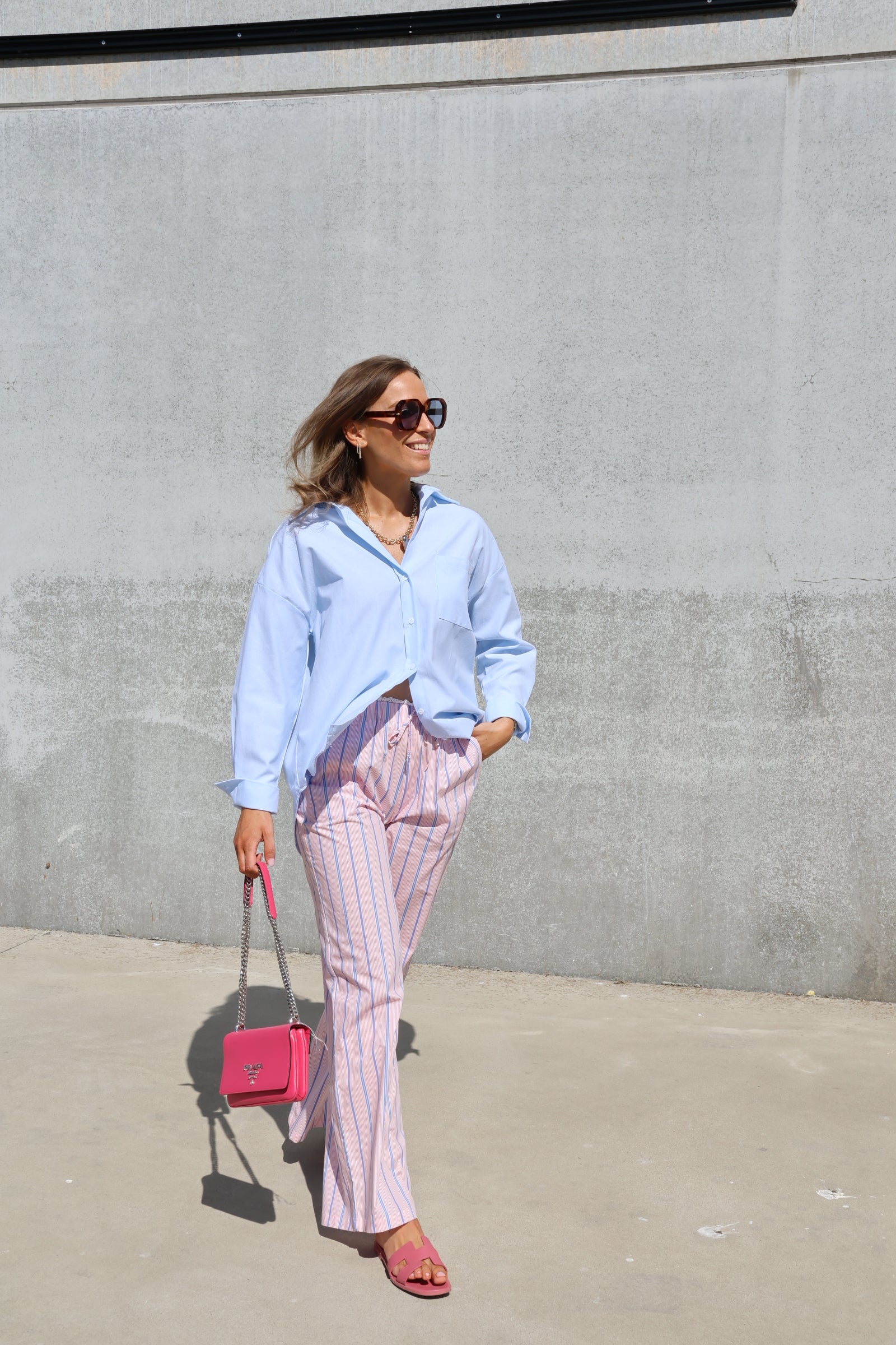 Winnie gestreepte broek met detail roze