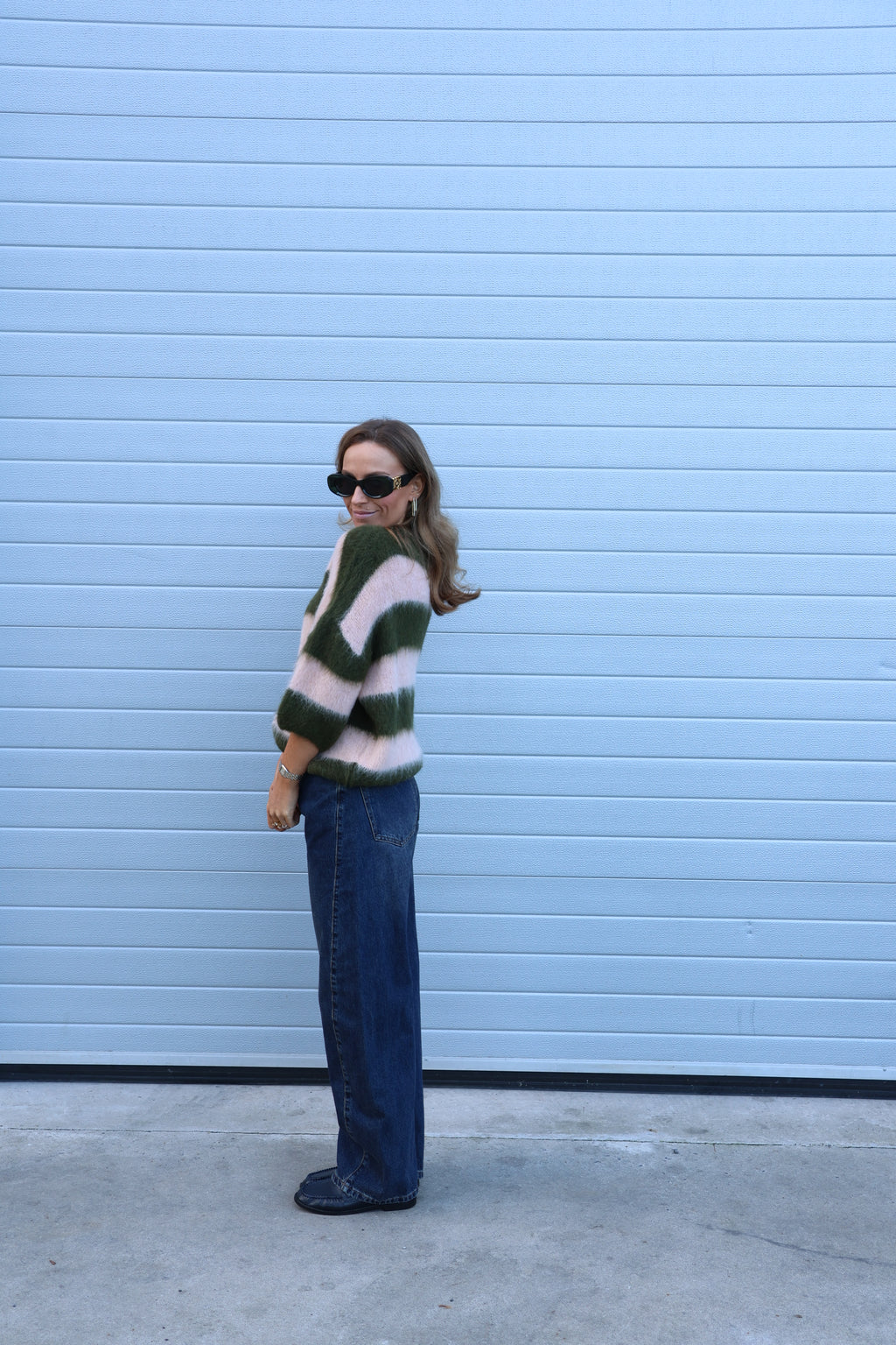 Erica gestreepte fluffy knit met korte mouwen groen