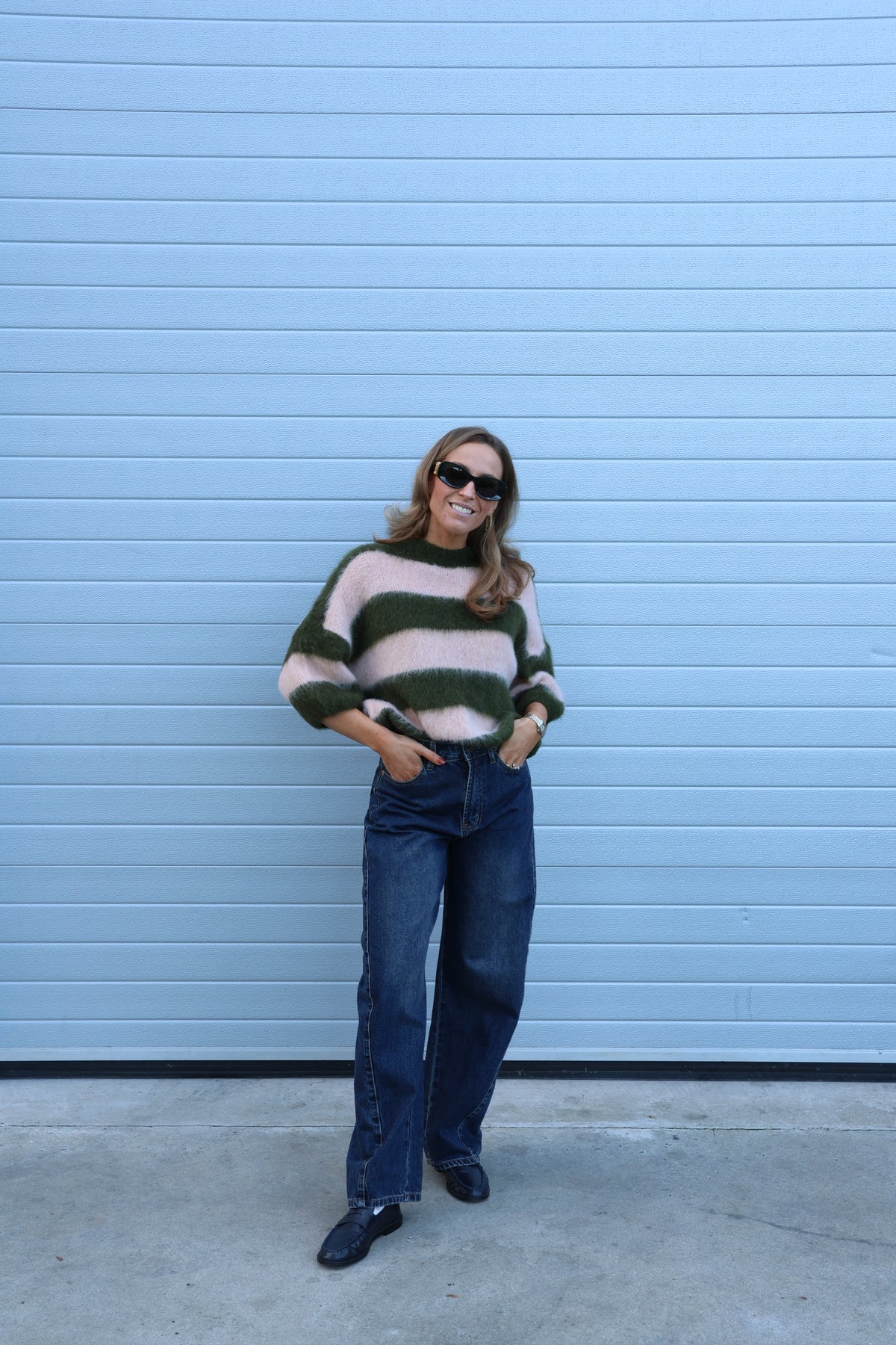 Erica gestreepte fluffy knit met korte mouwen groen