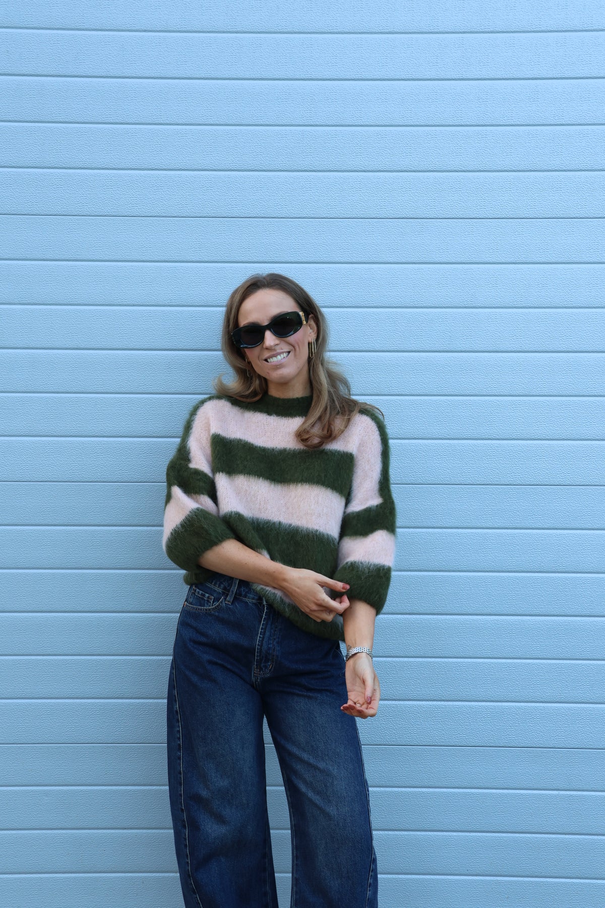 Erica gestreepte fluffy knit met korte mouwen groen