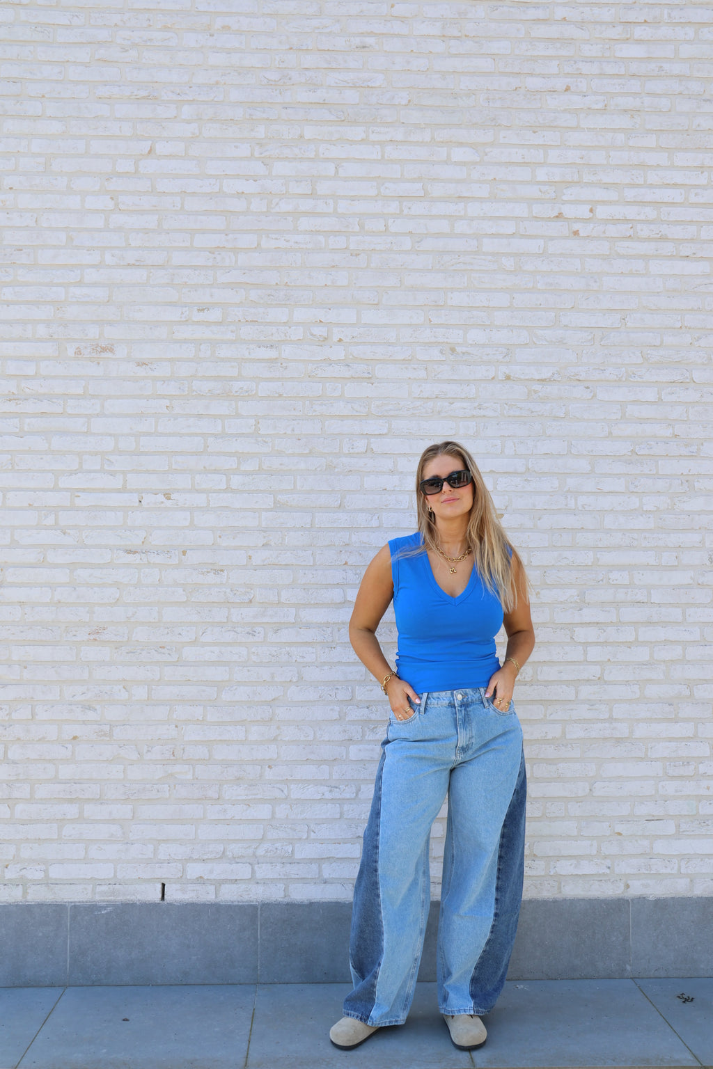 Double denim barrel jeans