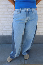 Double denim barrel jeans