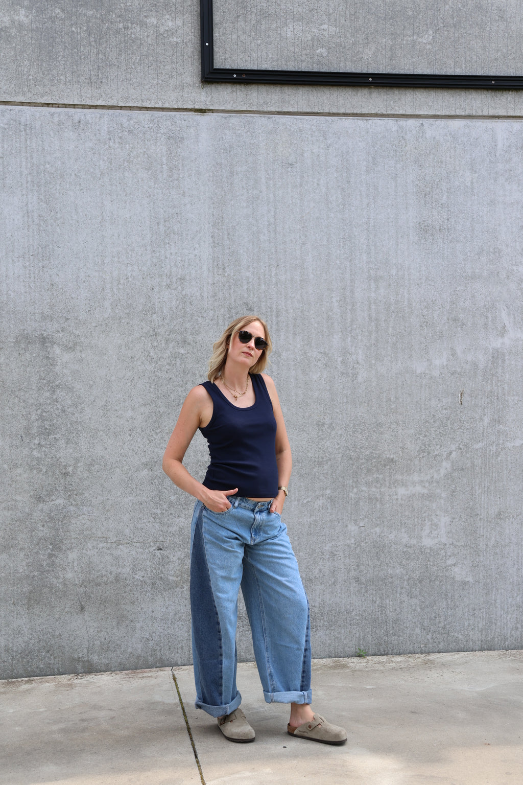 Double denim barrel jeans