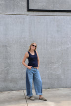 Double denim barrel jeans