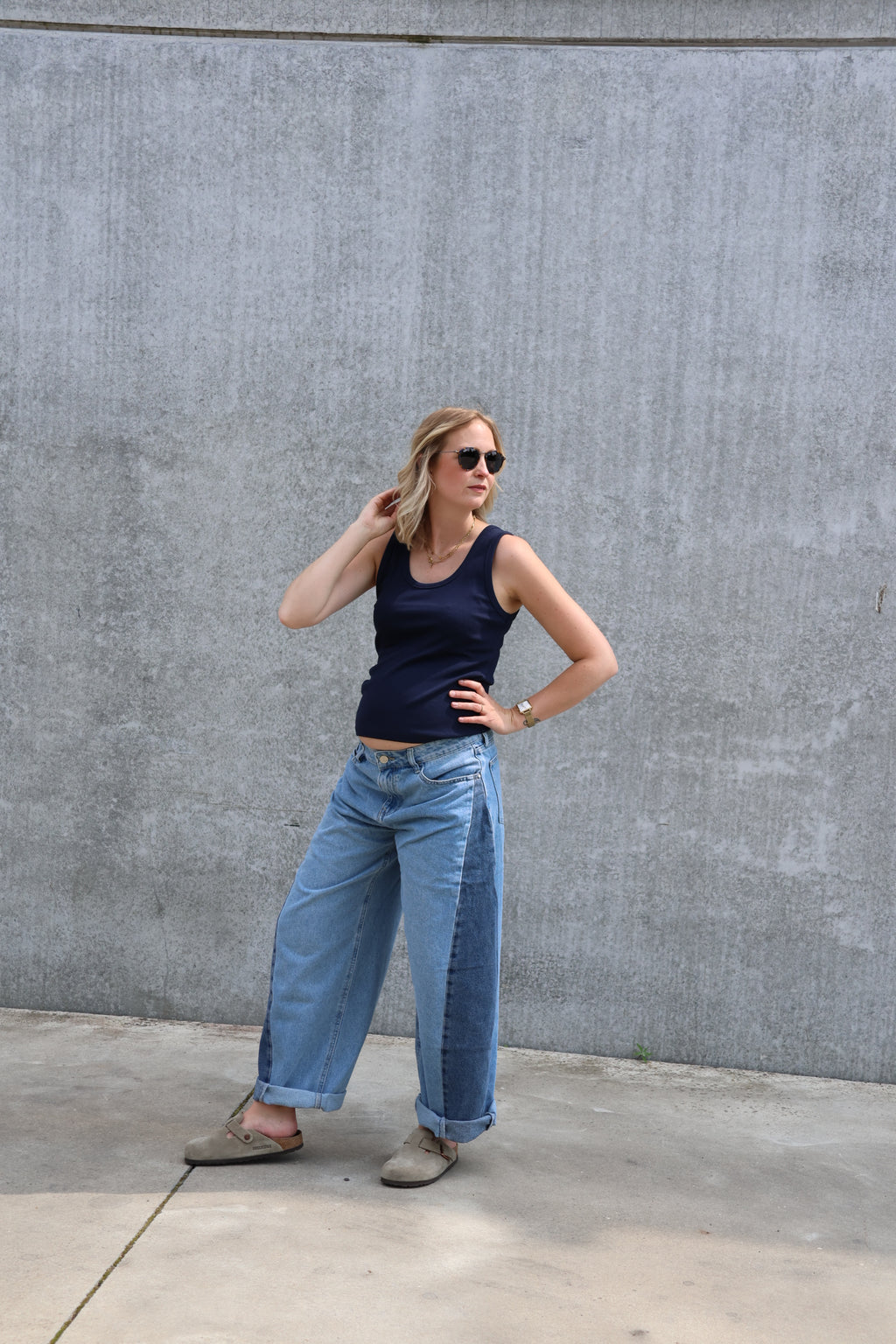 Double denim barrel jeans