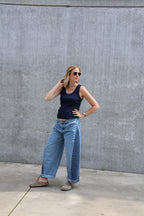 Double denim barrel jeans