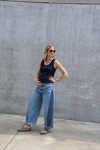 Double denim barrel jeans