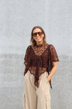 Tess see-trough kanten top bruin