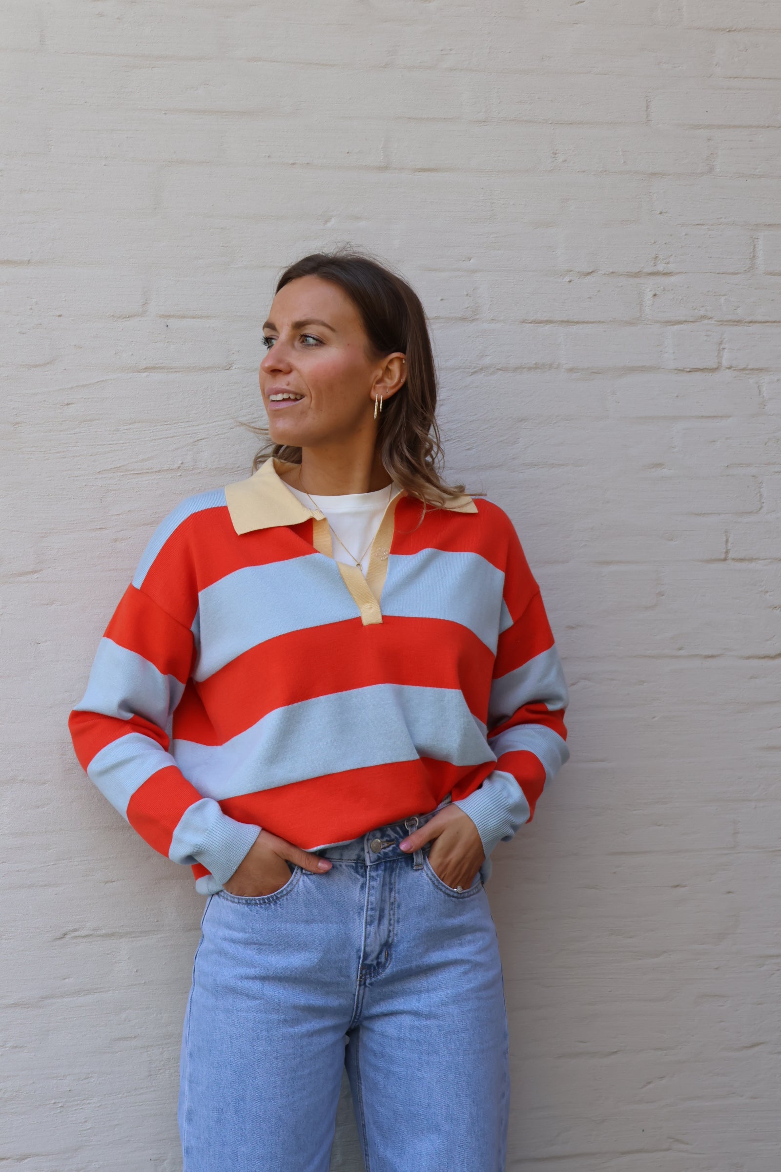 Lauren gestreepte polo blauw/oranje