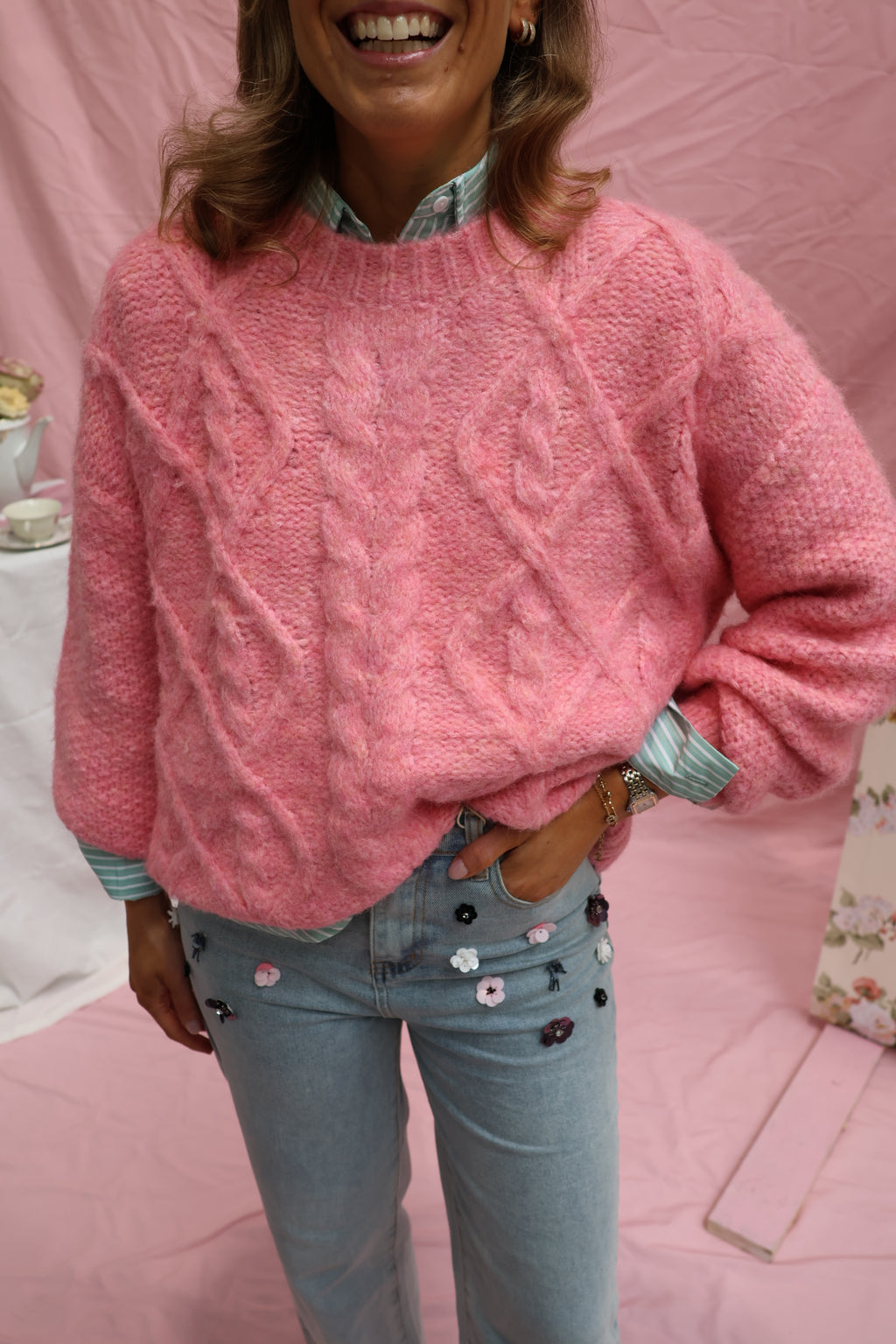 Violet cable knit blush pink