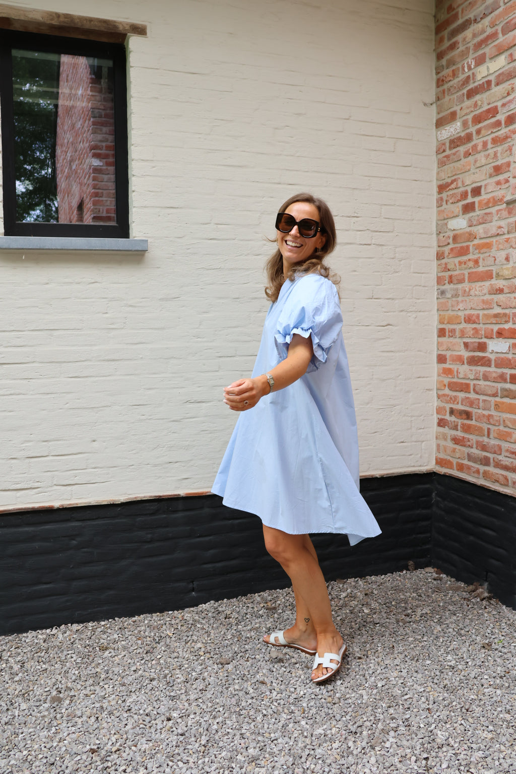 Camille jurk met pofmouw lichtblauw
