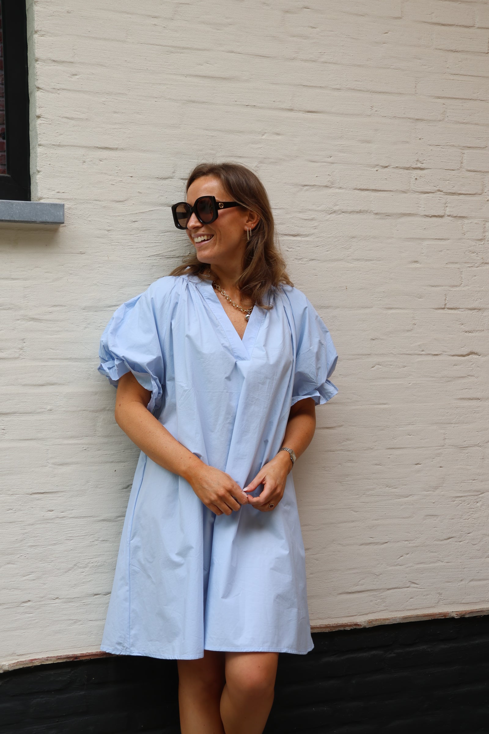 Camille jurk met pofmouw lichtblauw