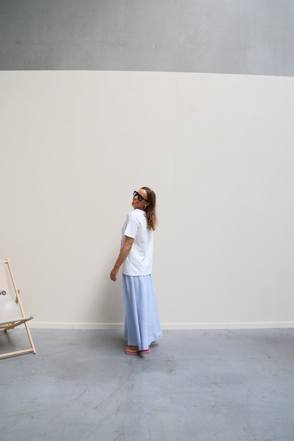 Ziva geruite maxi rok lichtblauw
