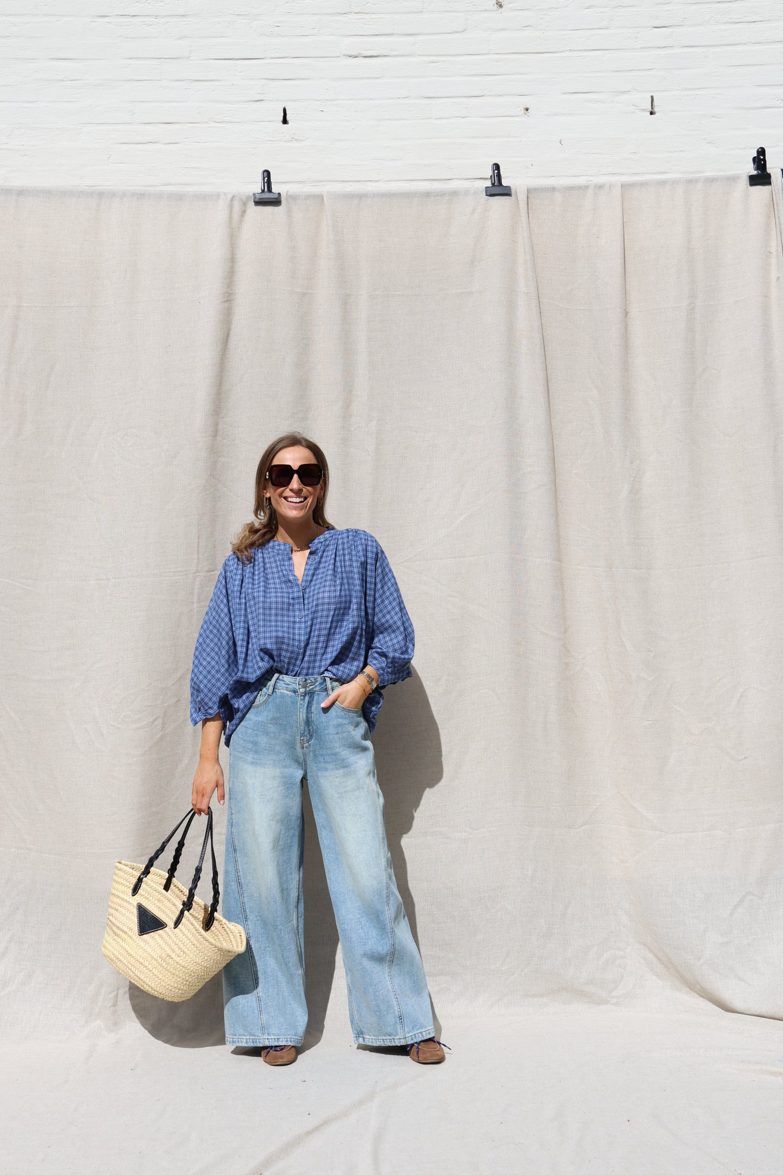 Lina carreaux blouse blauw