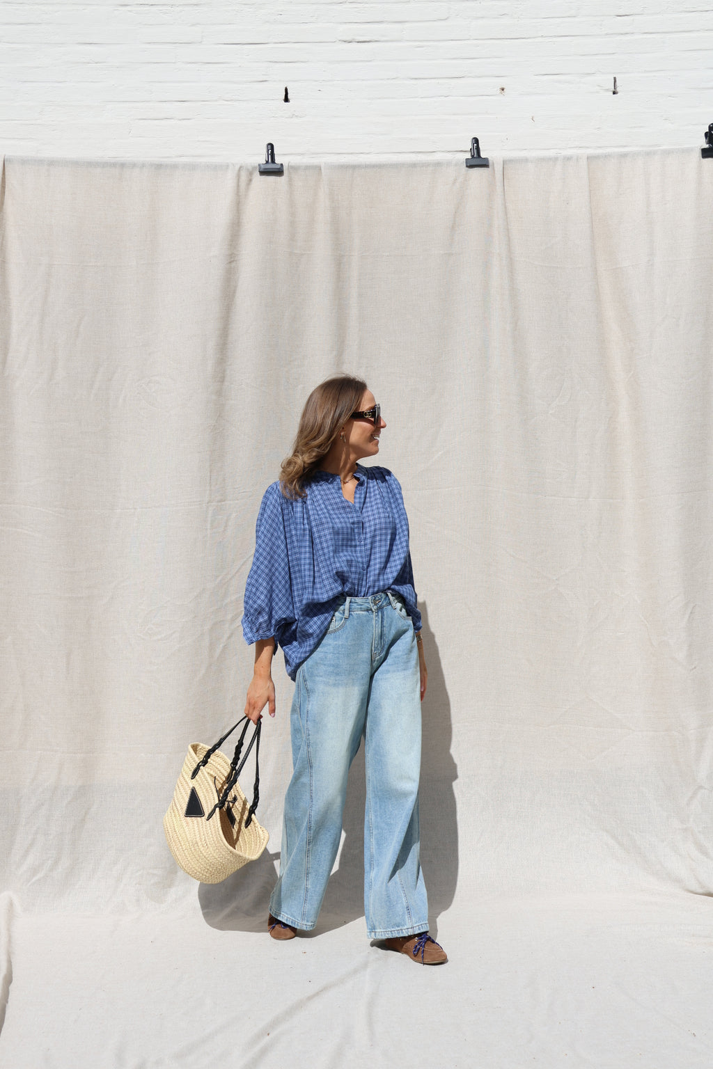 Lina carreaux blouse blauw