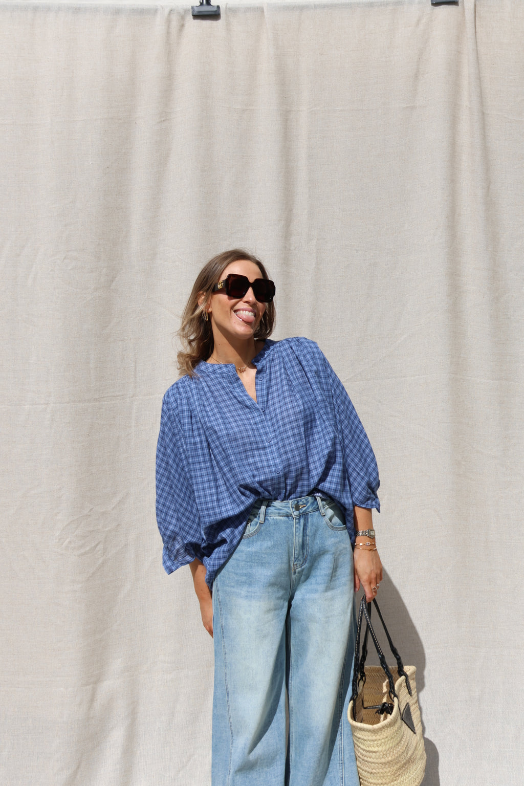 Lina carreaux blouse blauw