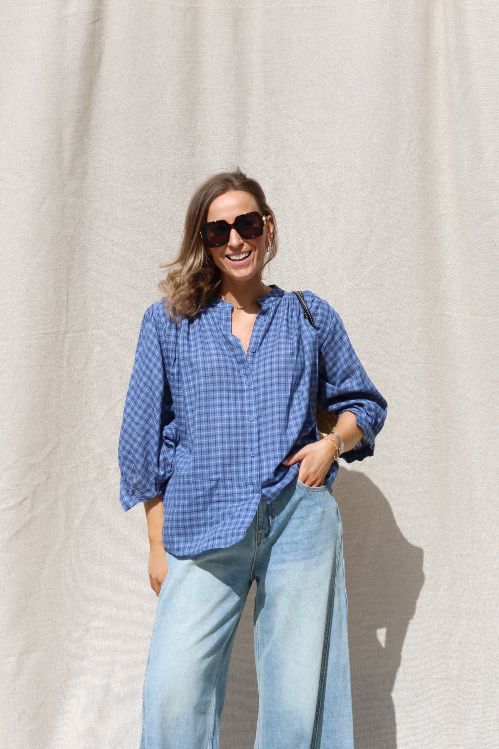 Lina carreaux blouse blauw