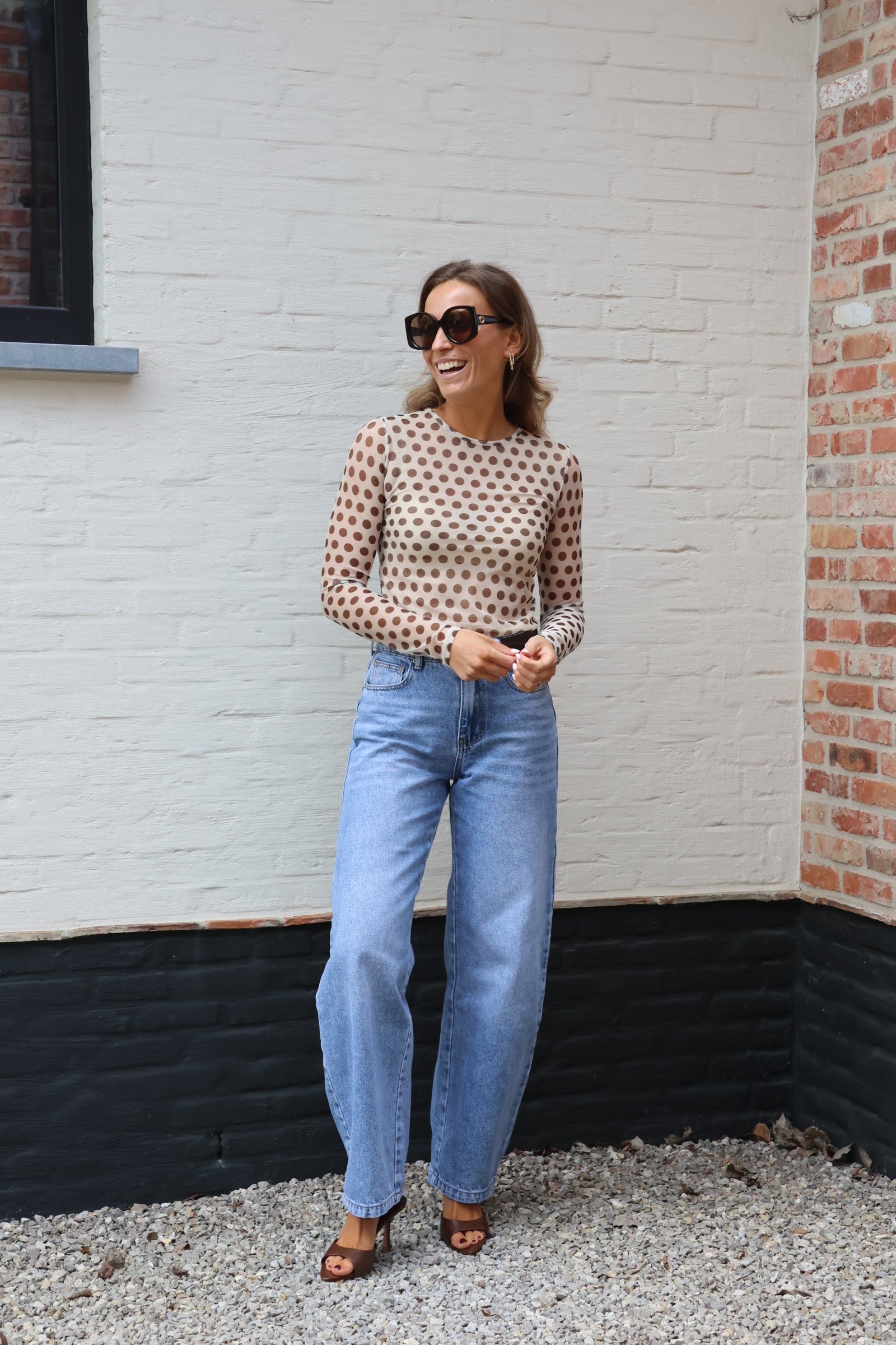 Olivia polka dot longsleeve beige/bruin