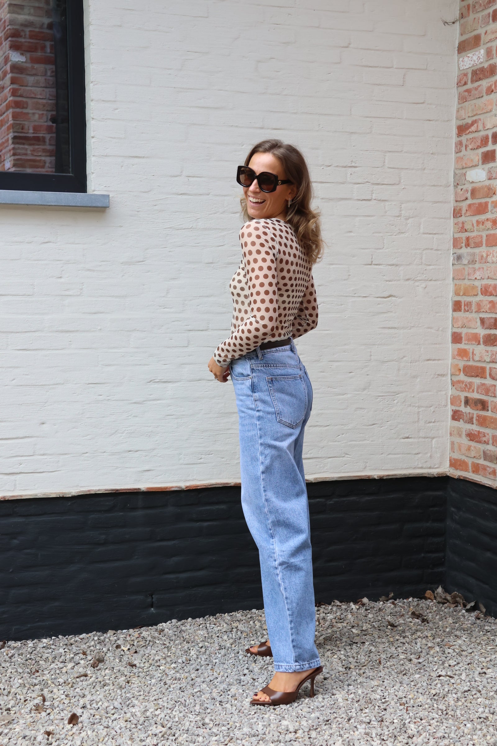 Olivia polka dot longsleeve beige/bruin