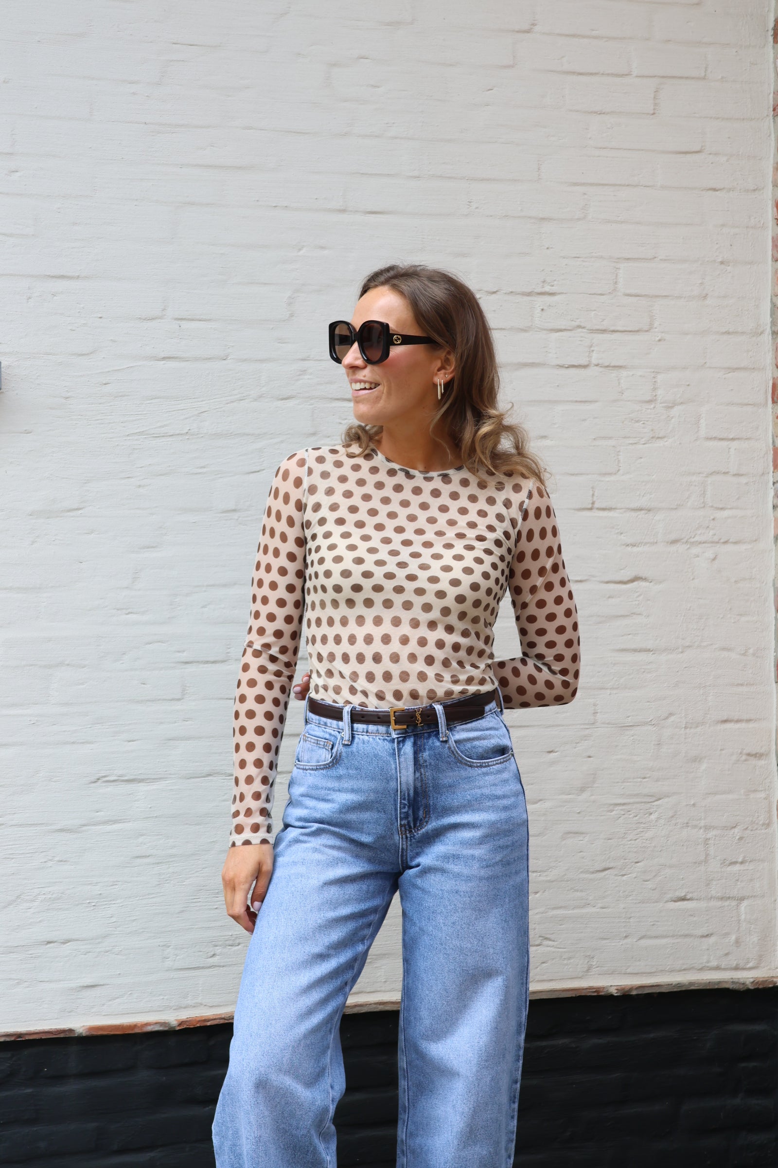 Olivia polka dot longsleeve beige/bruin