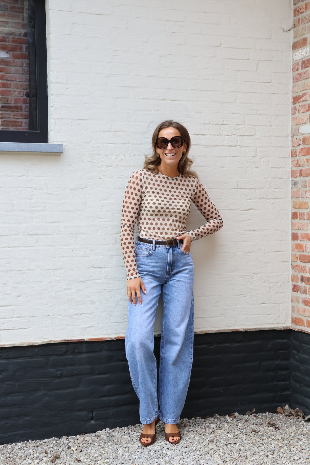 Olivia polka dot longsleeve beige/bruin