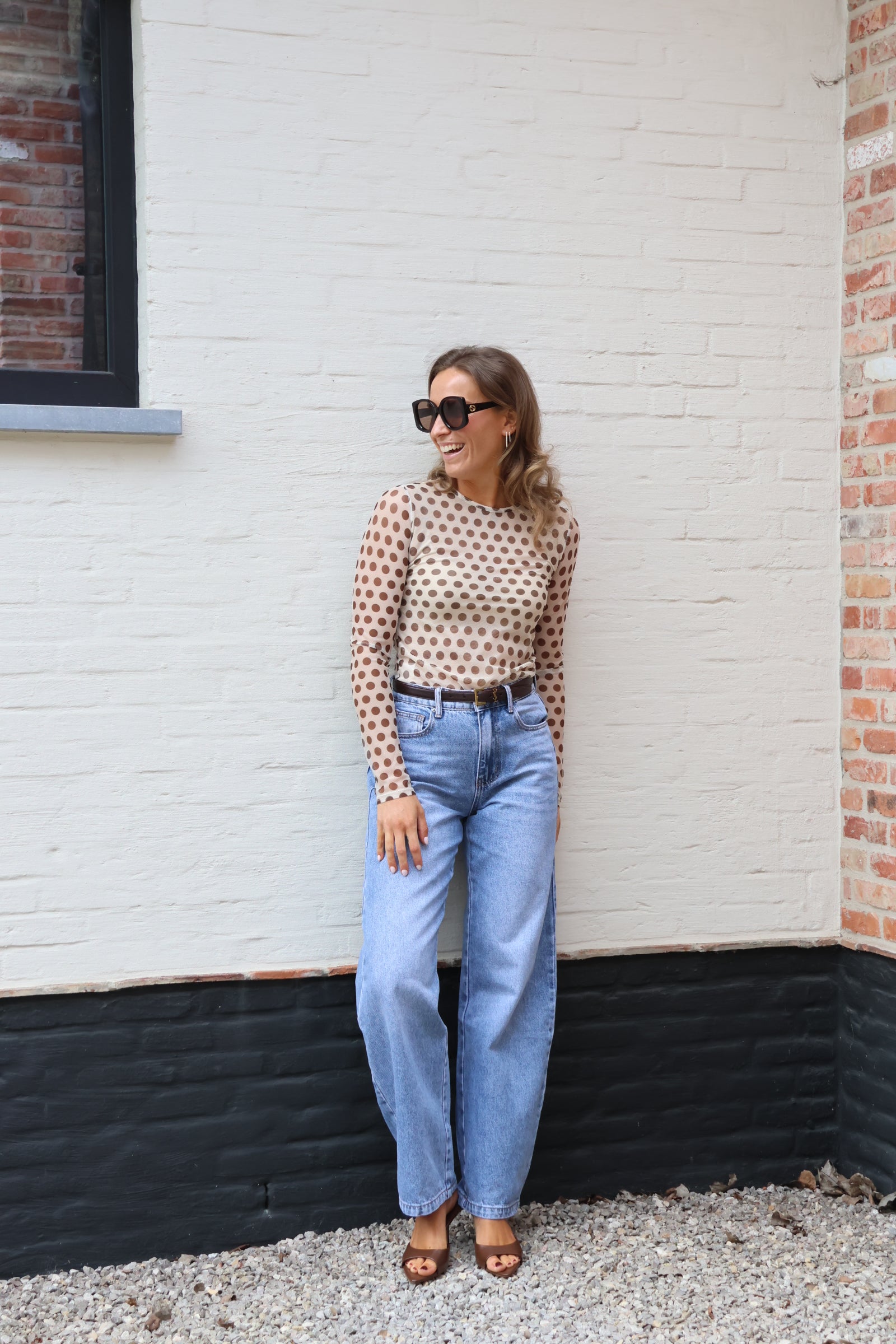 Olivia polka dot longsleeve beige/bruin