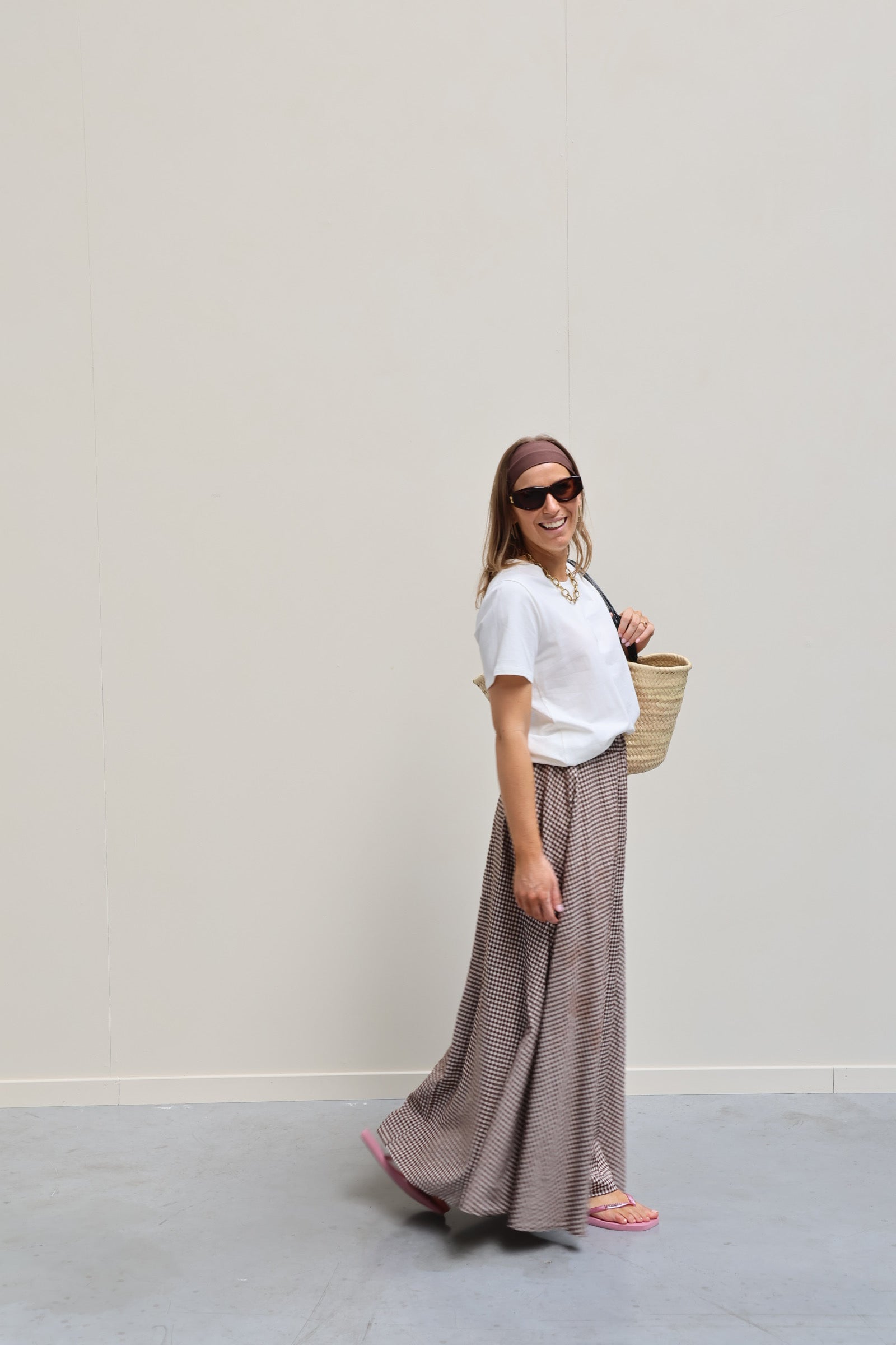 Ziva geruite maxi rok bruin