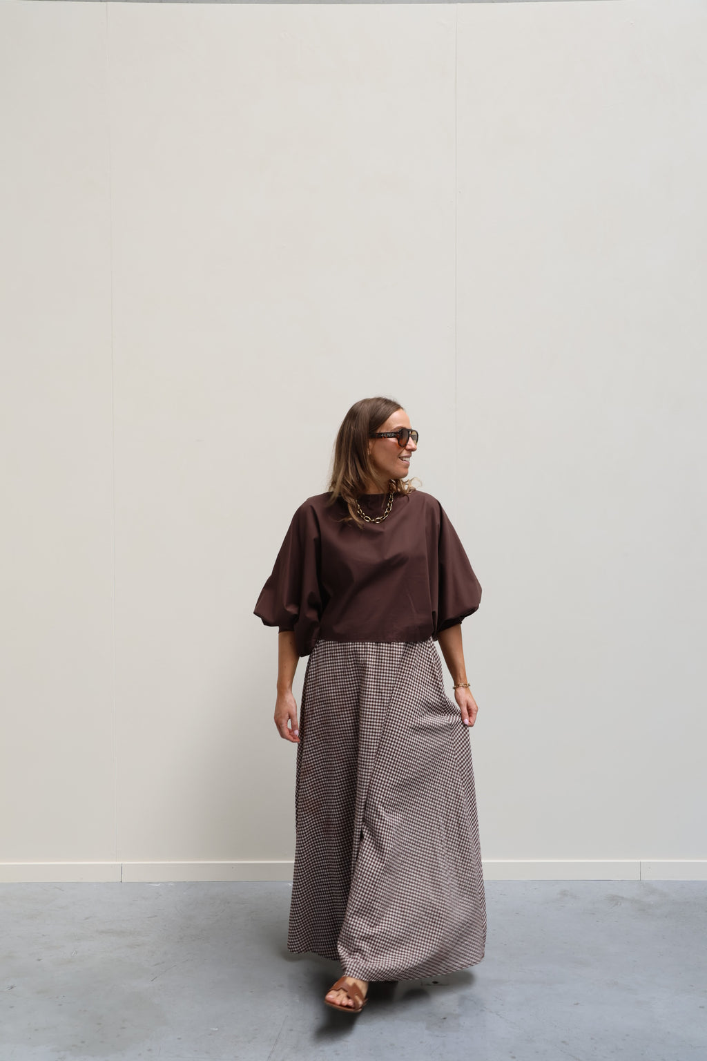 Ziva geruite maxi rok bruin