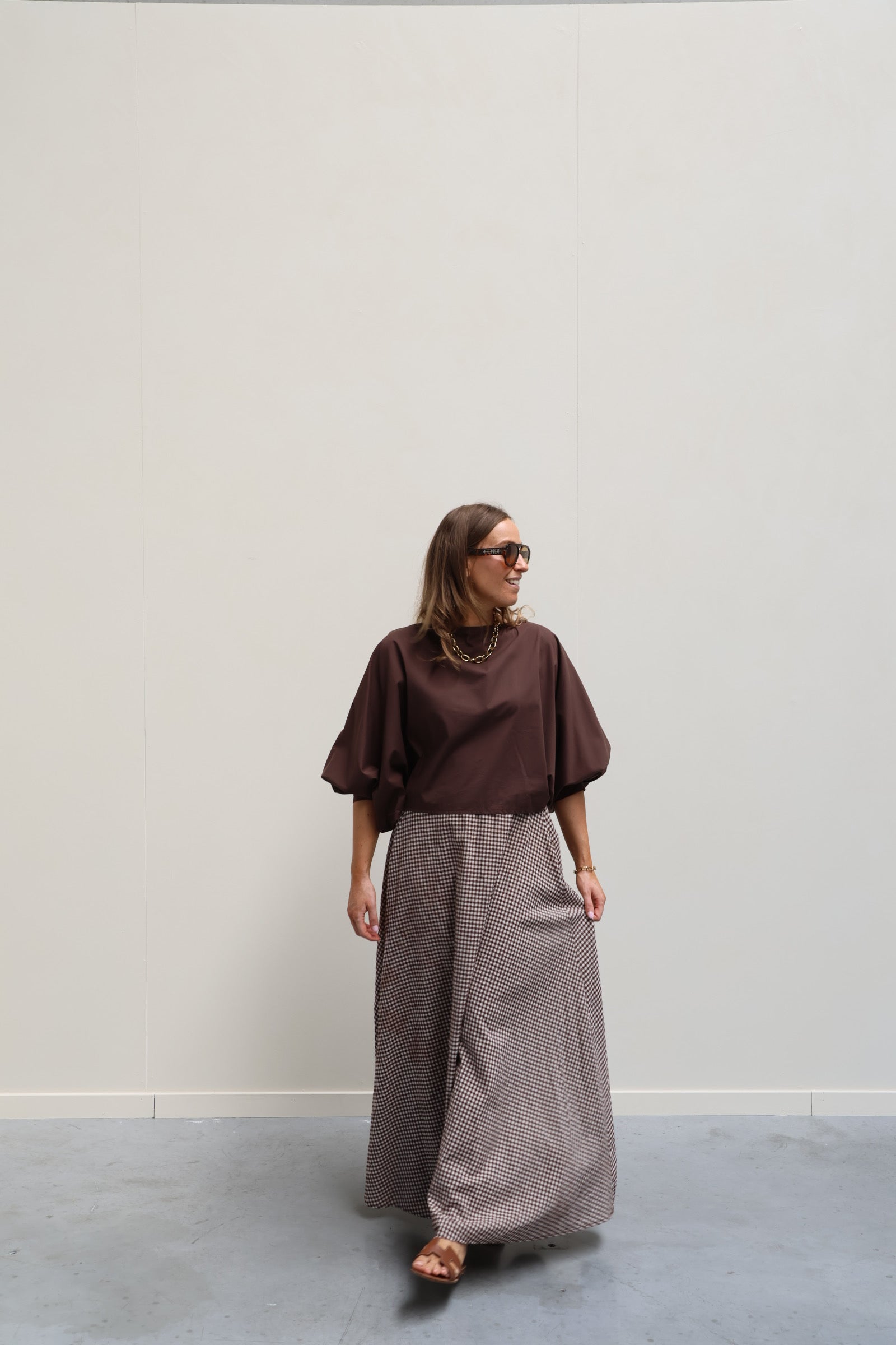 Ziva geruite maxi rok bruin