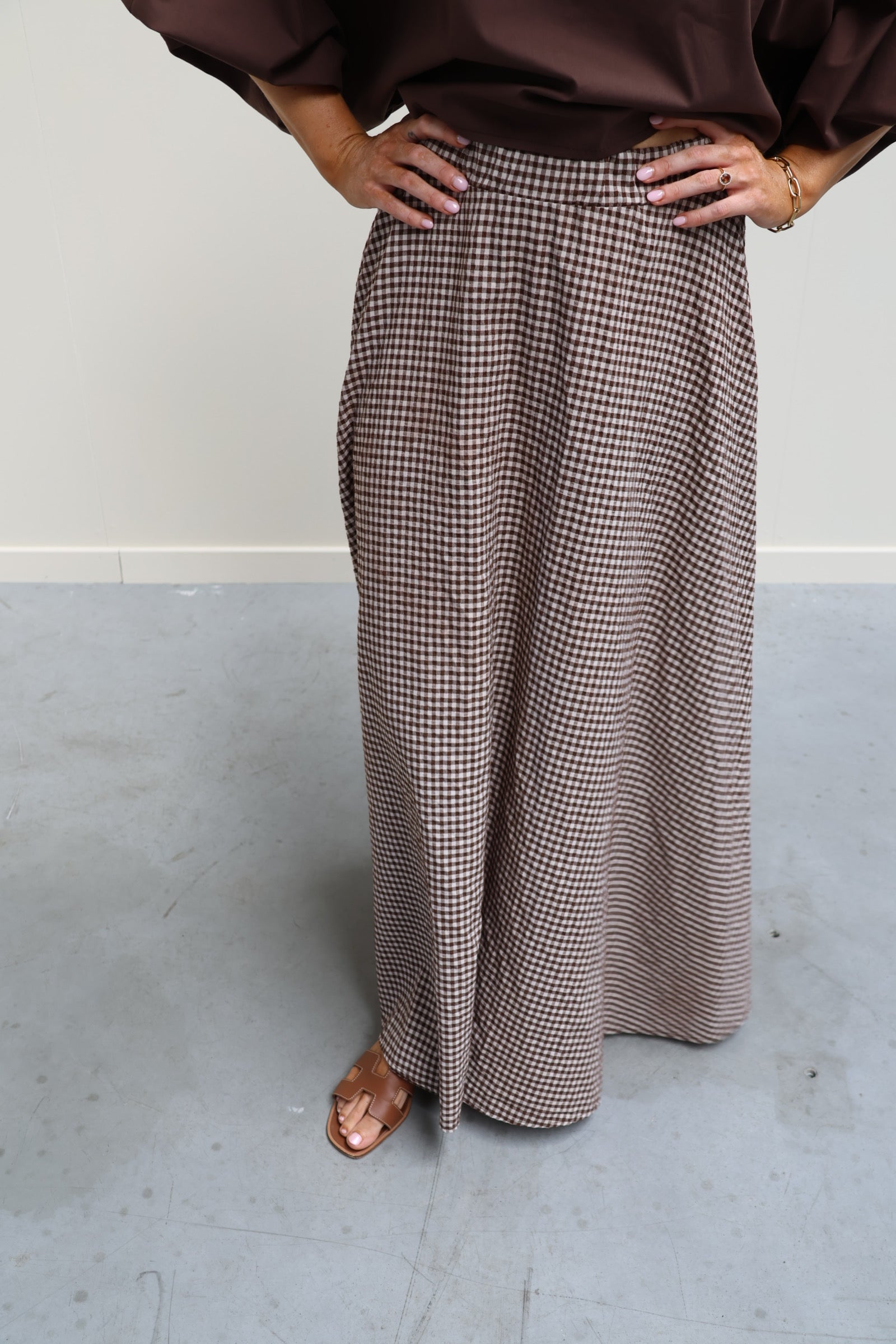 Ziva geruite maxi rok bruin