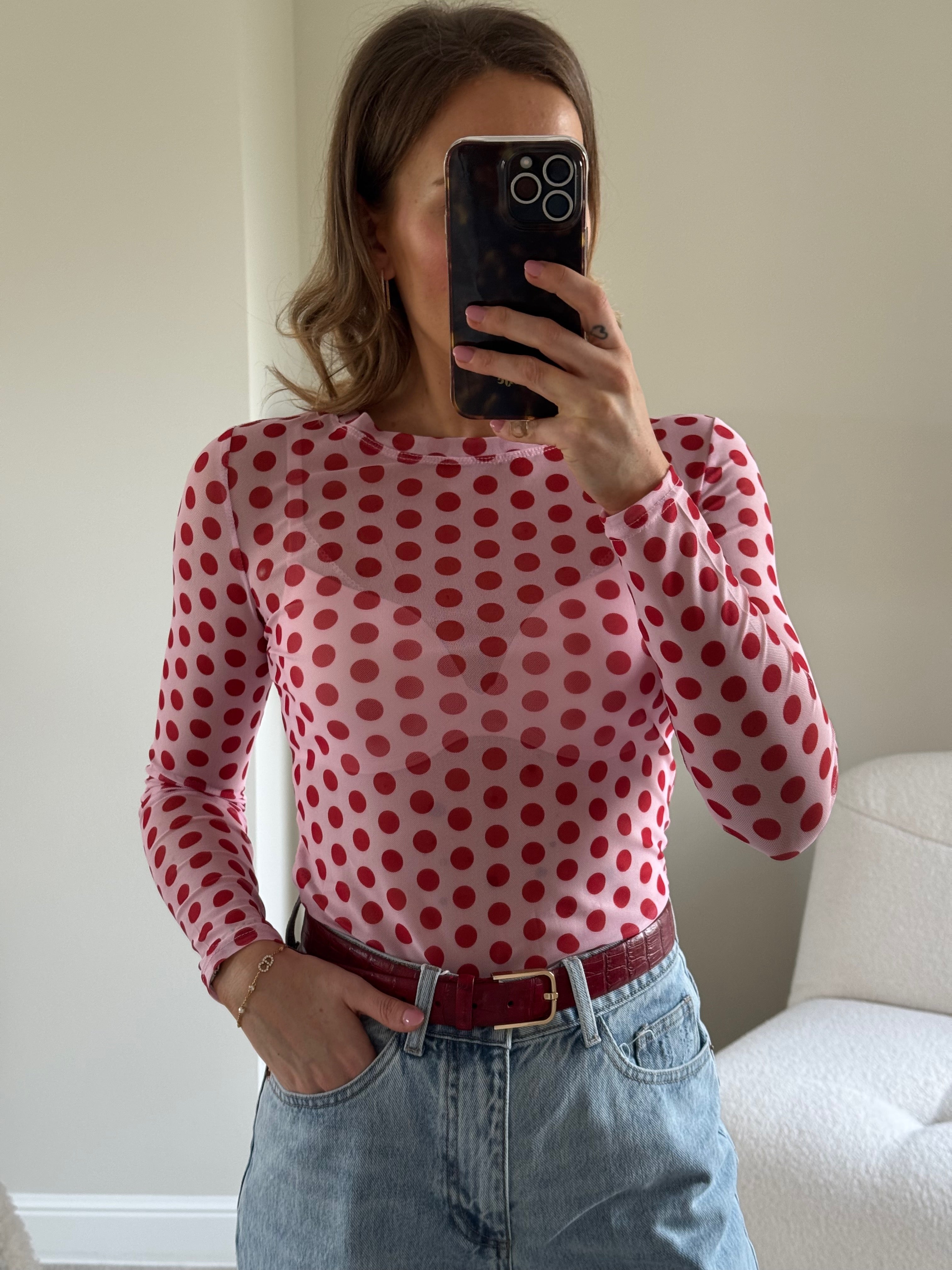Olivia polka dot longsleeve roze/rood