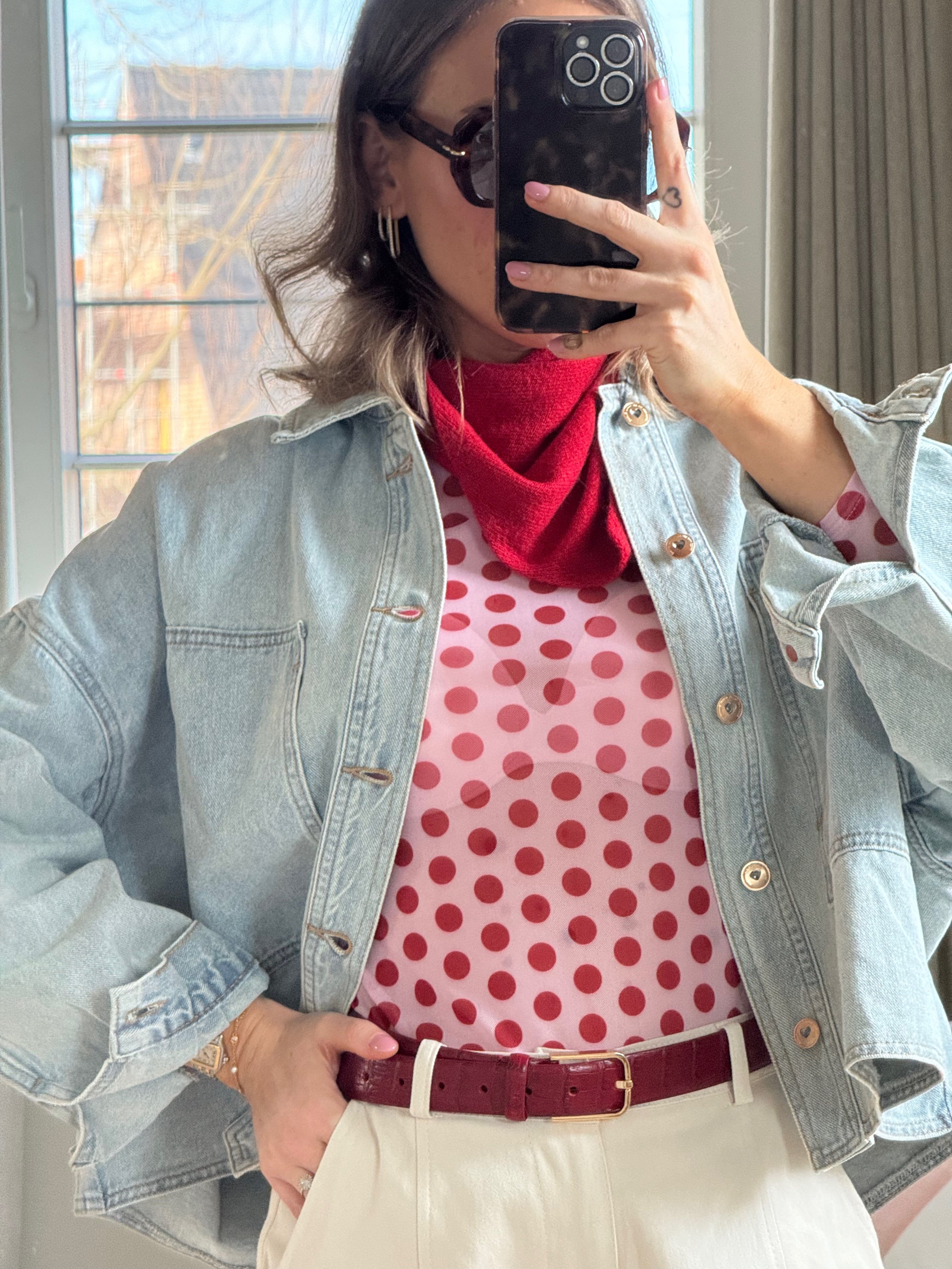 Olivia polka dot longsleeve roze/rood