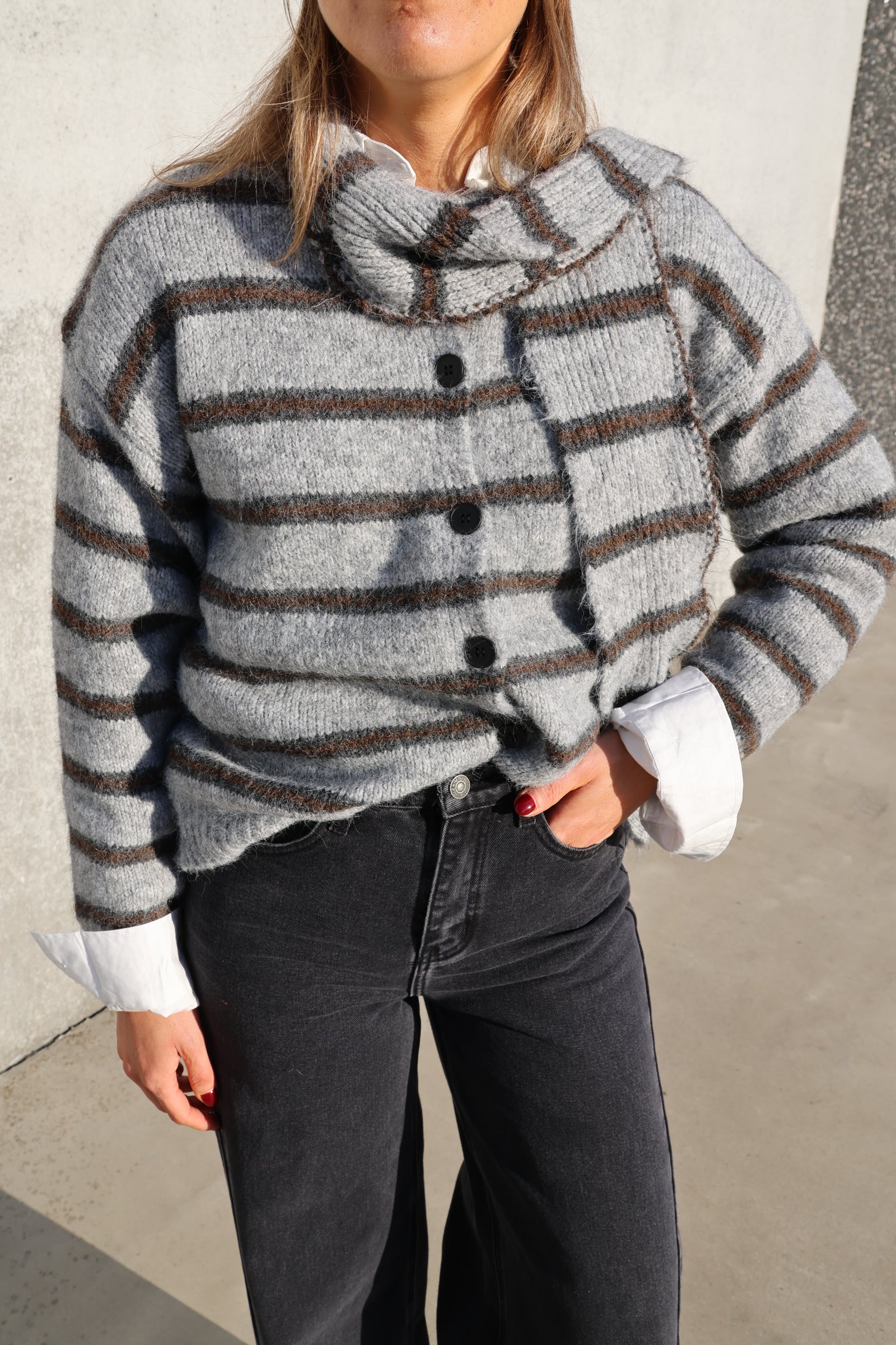 Marit cardigan met sjaal grijs/bruin