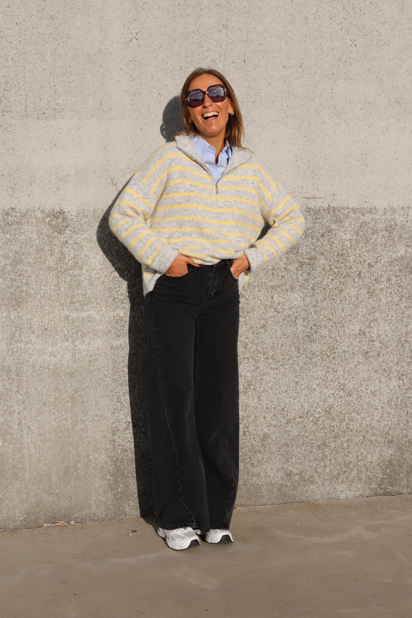 Luna zipper knit grijs/geel