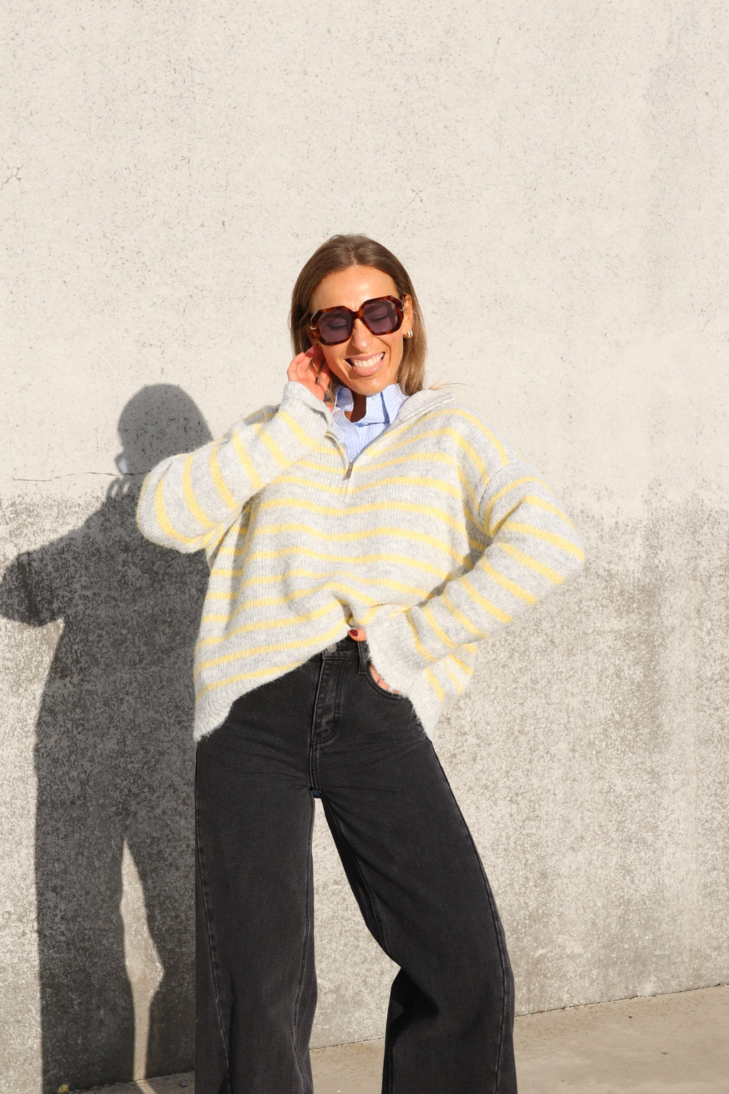 Luna zipper knit grijs/geel