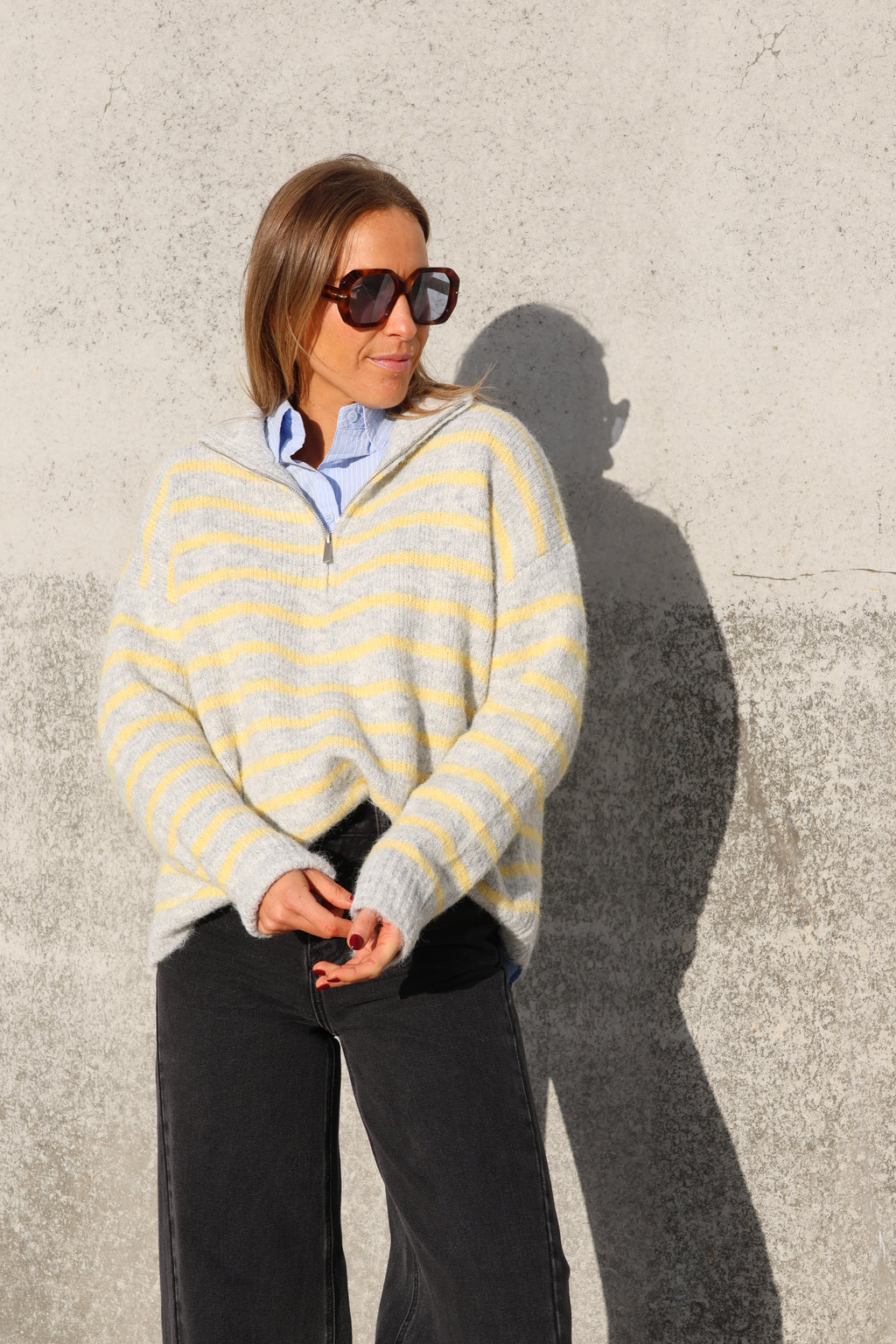 Luna zipper knit grijs/geel