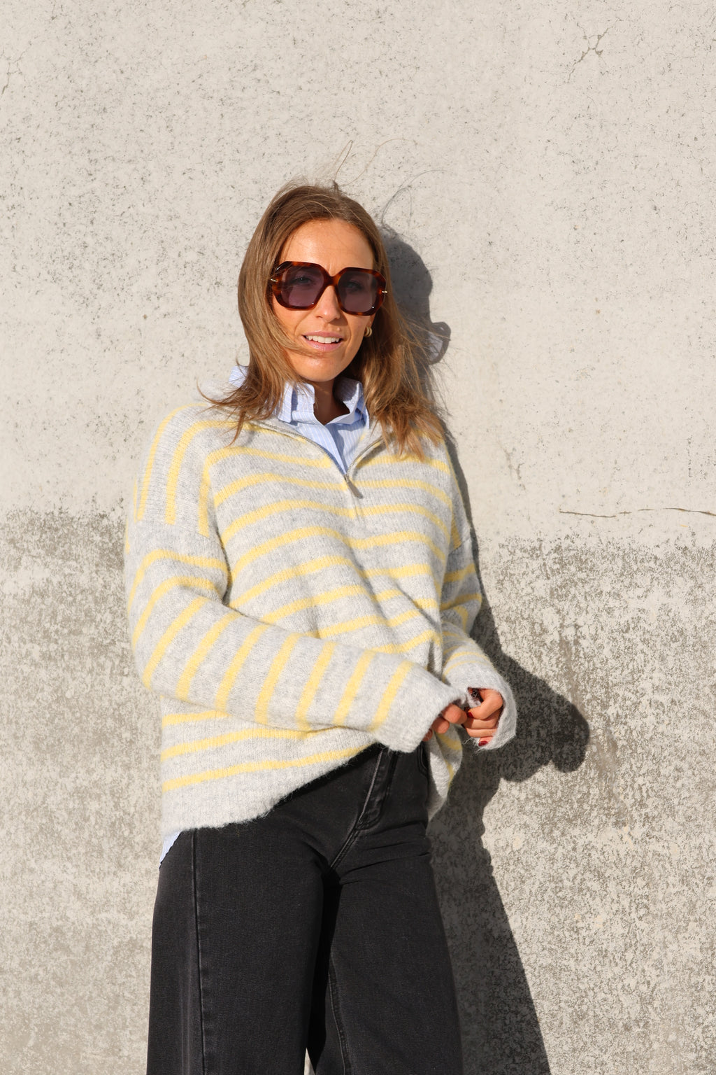 Luna zipper knit grijs/geel