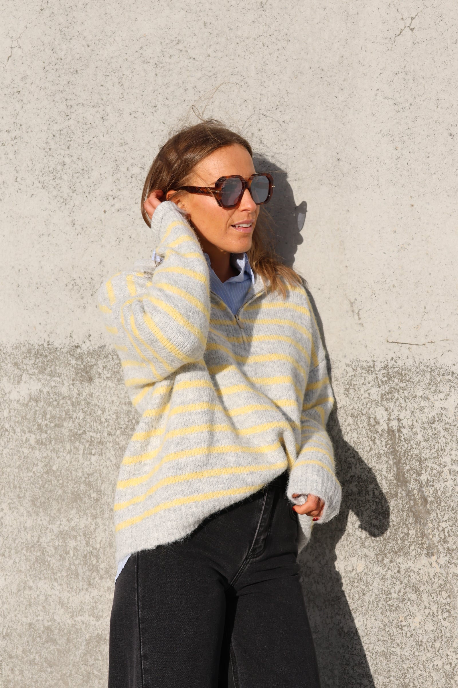 Luna zipper knit grijs/geel