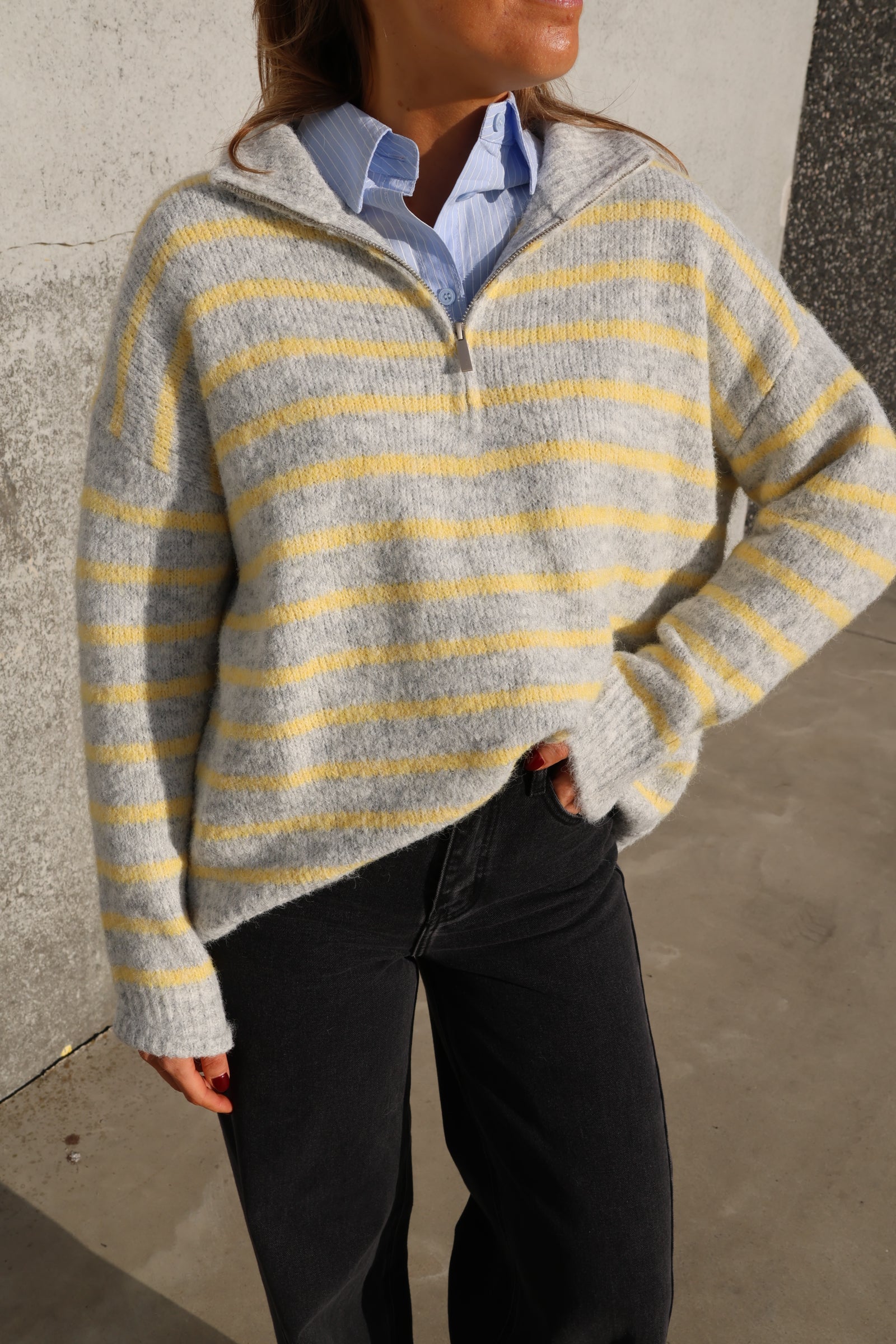 Luna zipper knit grijs/geel
