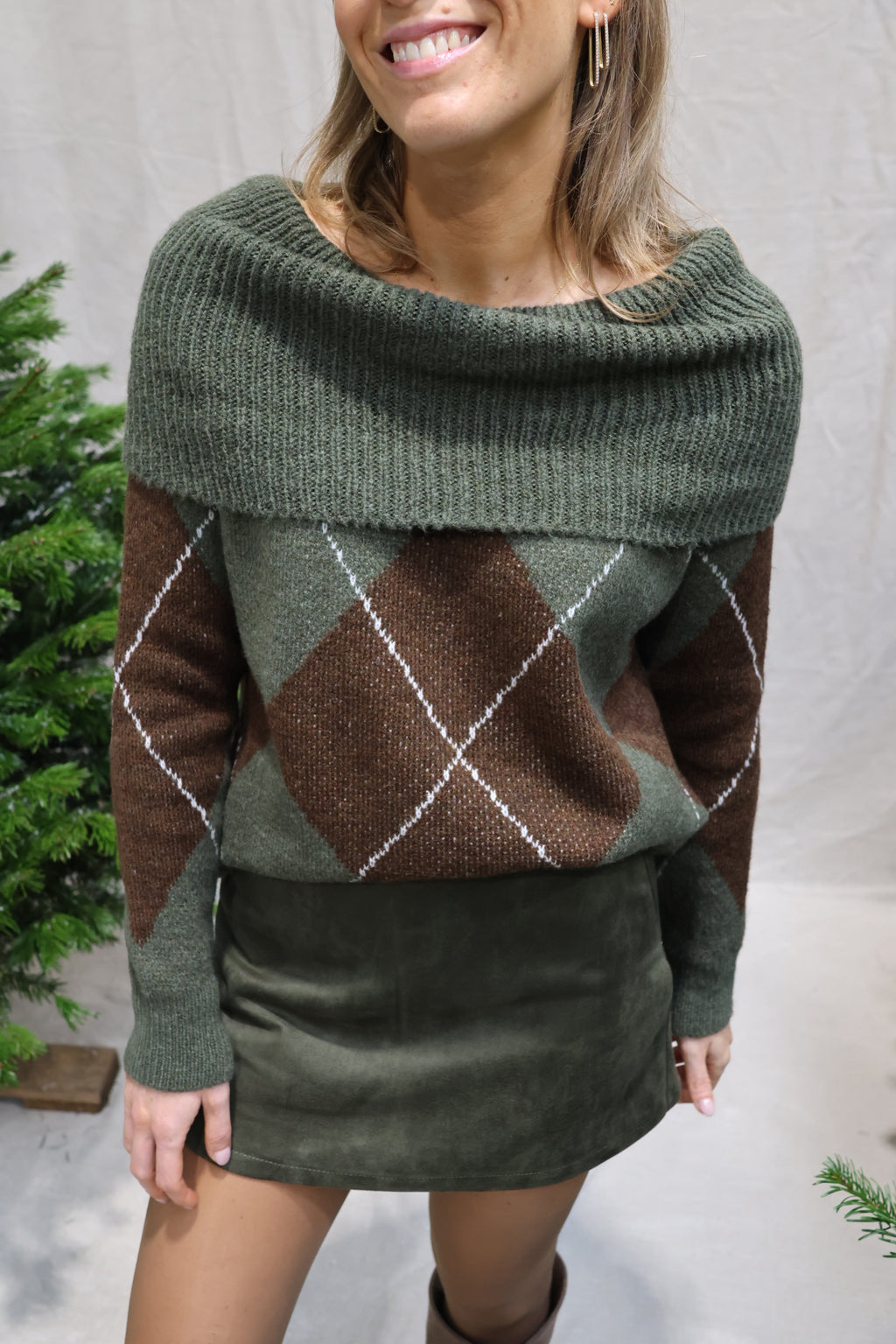 Coco offshoulder carreaux knit kaki