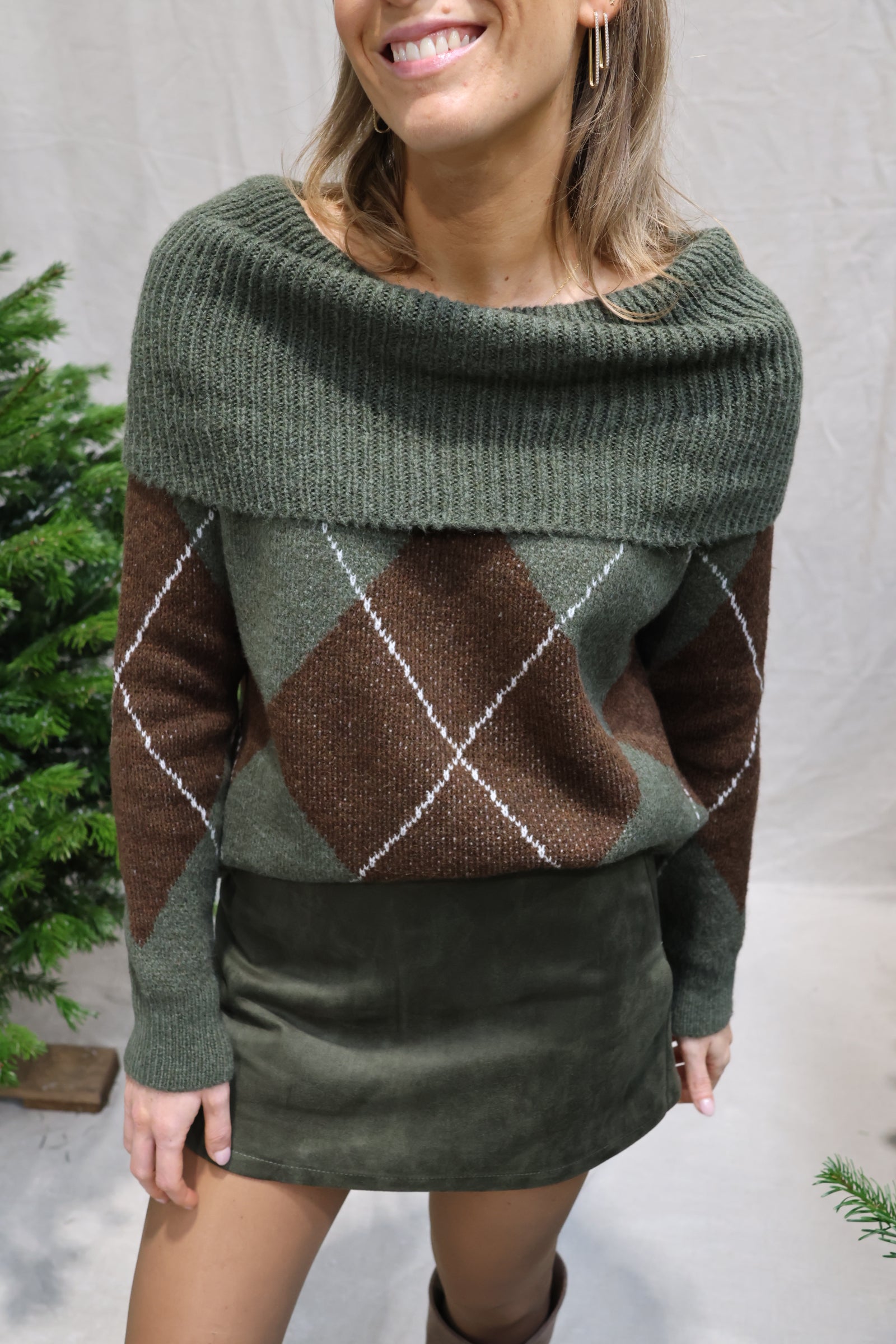 Coco offshoulder carreaux knit kaki