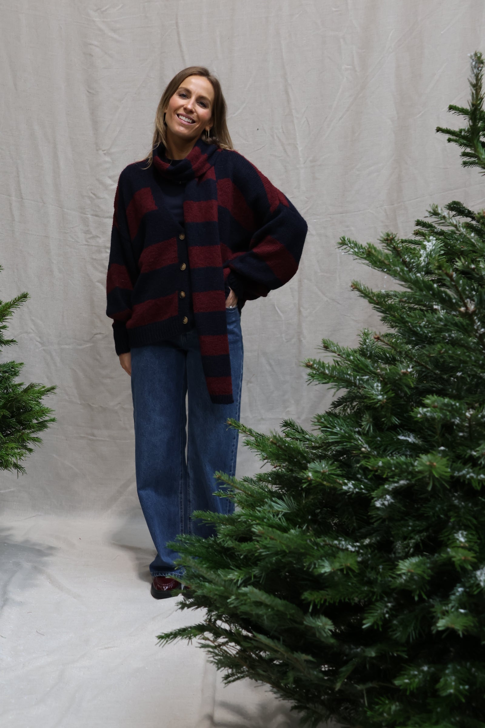 Florentine cardigan with scarf navy/bordeaux