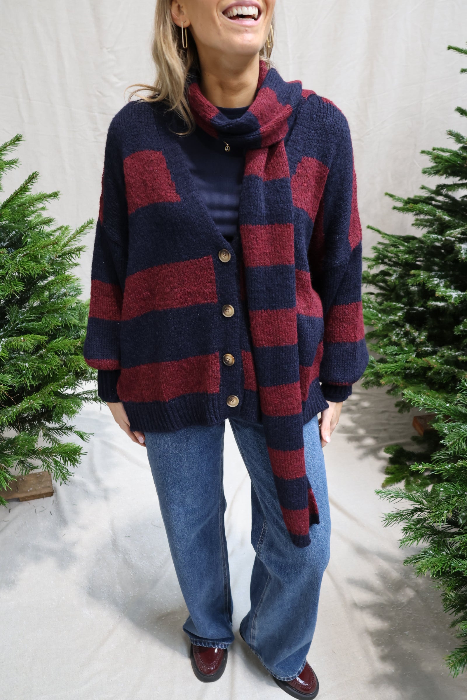 Florentine cardigan with scarf navy/bordeaux
