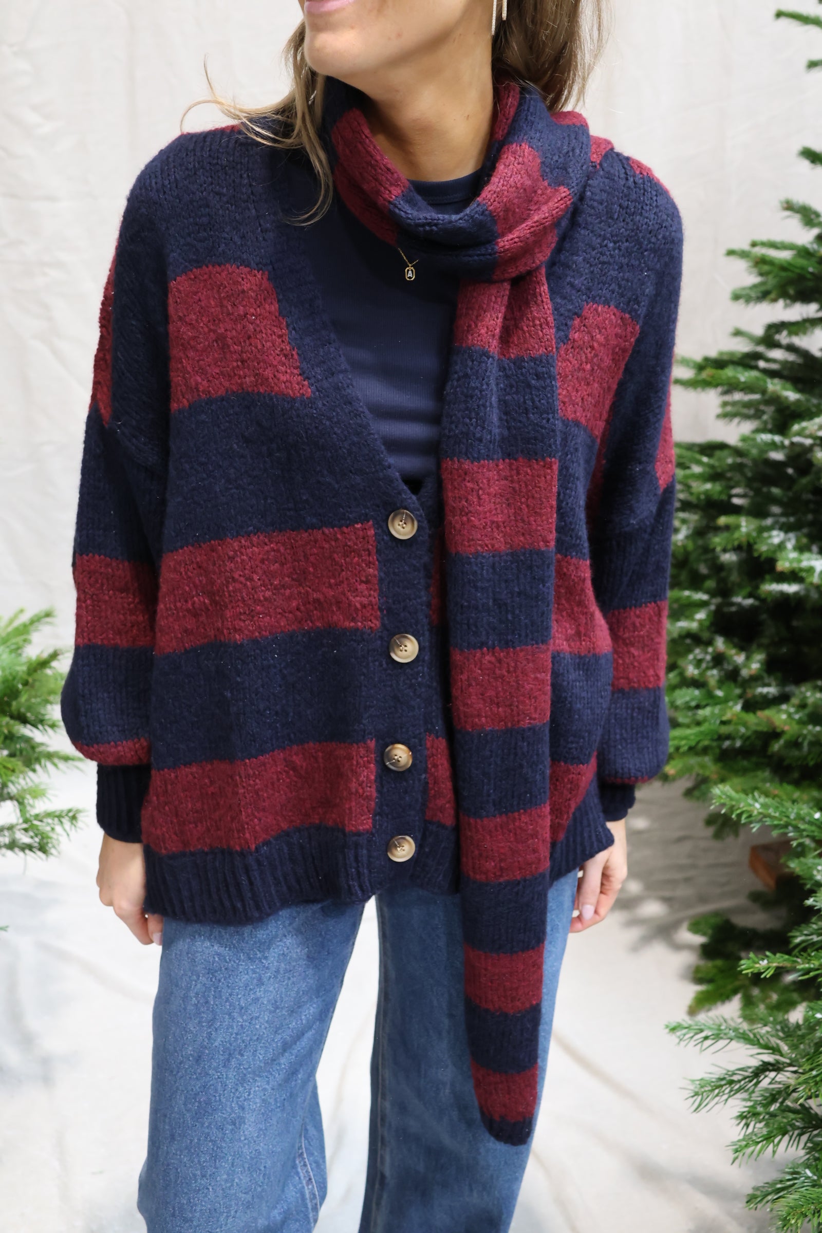Florentine cardigan with scarf navy/bordeaux
