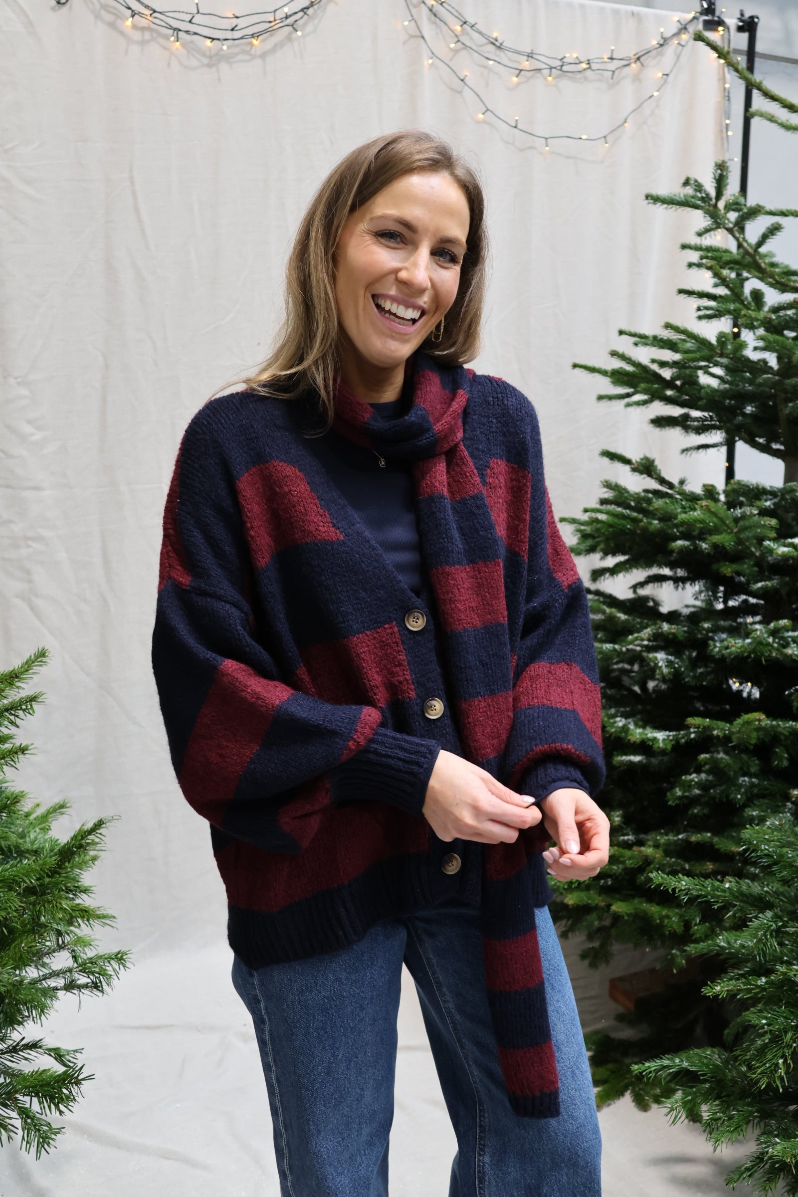 Florentine cardigan with scarf navy/bordeaux